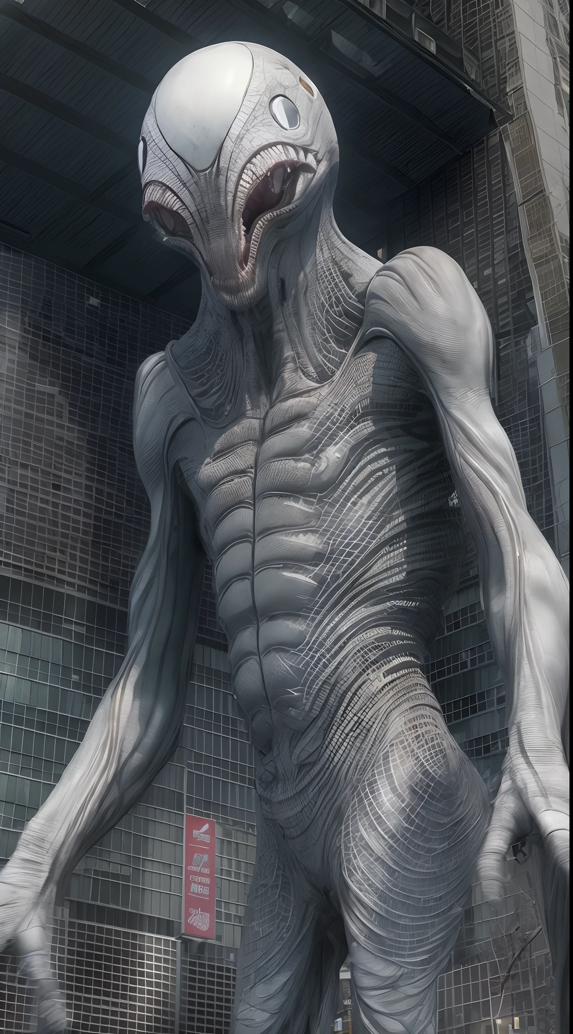 「In downtown Shinjuku、The sight of a huge alien suddenly appearing、Please depict in high quality and live-action system.。Surrounded by crowds、The alien's strange form is as huge as the building behind it.、Overwhelm everything you see。The alien's skin is covered with bizarre patterns、The eyes and mouth are depicted as extra-dimensional.、That existence is a person々Causes fear and anxiety to。People around you々abounds in astonishment and confusion、The fleeing figure is realistically reproduced with high-resolution images.。This sight is、A sense of urgency caused by the presence of another dimension that suddenly appeared in the hustle and bustle of the city.、It emphasizes human helplessness。」