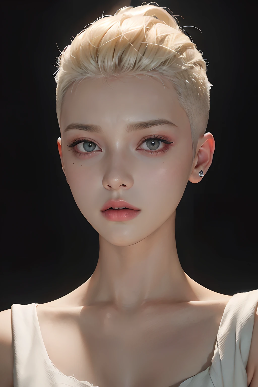 a 20 yo woman, blonde, (hi-top fade:1.3), dark theme, soothing tones, muted colors, high contrast, (natural skin texture, hyperrealism, soft light, sharp)