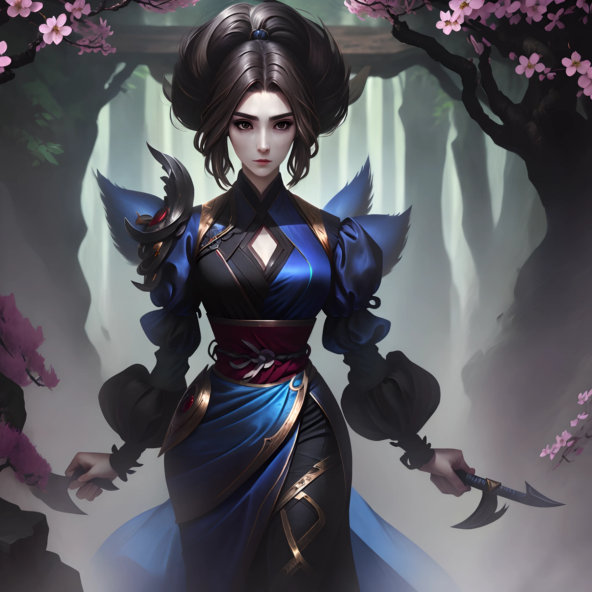 female pervert，ancient wind，brunette color hair，full bodyesbian，Blue silk is behind him，Hold a sword in hand，Black eyes，sideface，apathy，Plum blossoms are all around