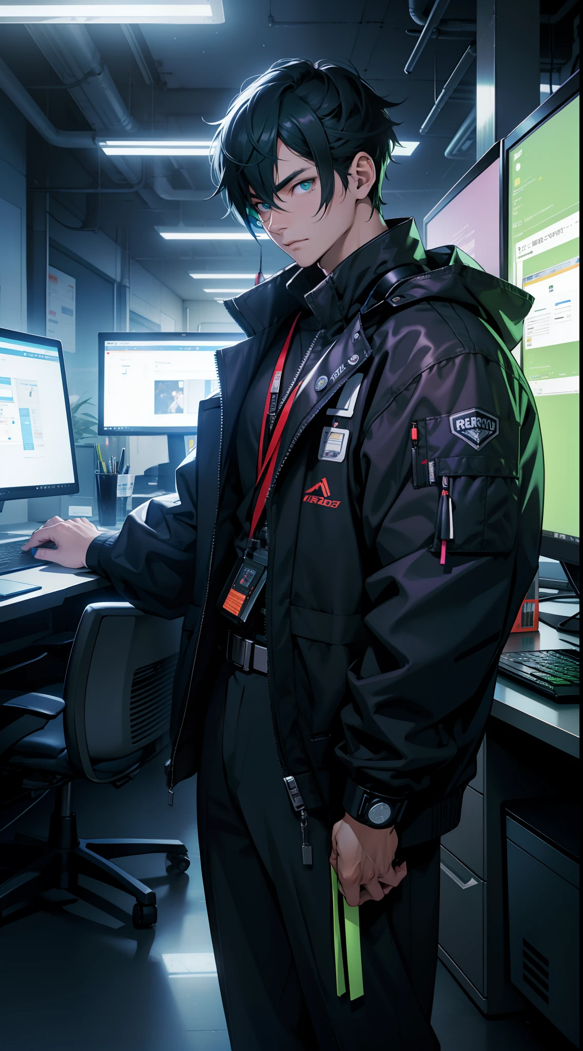 salaryman、Adults、29yo、Holding an energy drink in one hand、ty、systems engineer、cyberpunked、near future、TOKYOcty、s Office、Neon Street、Electromechanical、One man、Dark circles in the eyes、Narrow-eyed、Shadows are vivid colors、Vivid Color、overtime、s Office、Transformation Belt、hero、heroic、real face、Engineers、keyboard、personal computers、Office at night、Working alone、working adults、Image color is bright green、Scenery at work、Clear contours、Distinct eye and nose stand、Face drawn clearly、Hair color is vivid color、A room full of cables、Hero Goods、twinks、salaryman、8K、Clear image quality、Solid line is vivid color