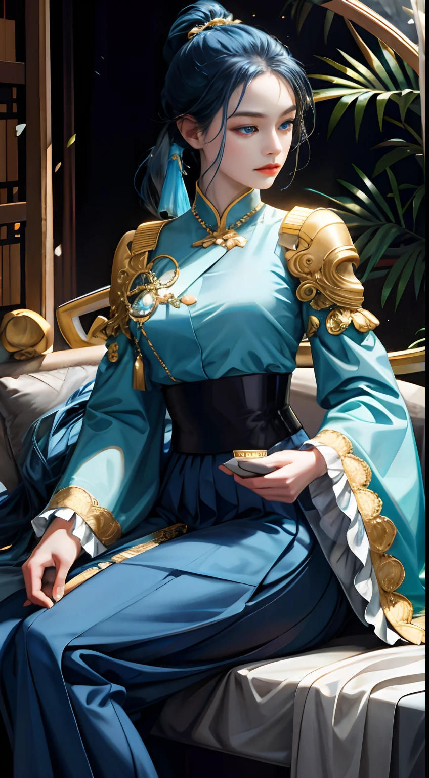 (hoang lap,A high resolution,ultra - detailed),1girll,独奏,baroque,long skirt,longer sleeves,ellegance,Colorful,Most detailed,The upper part of the body,Blue single ponytail,curlies,blue colored eyes,His lips moved slightly, blue skirts,Asian people