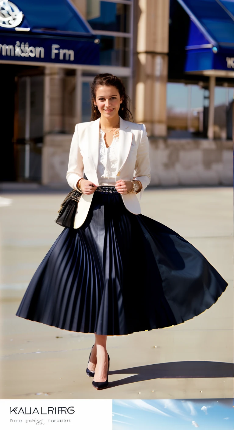 very (shy smiling:1,1) good woman wearing a short blazer with a very very detailed (long (fully pleated) full circle skirt) and (simple) low heeled office shoes, very very intricate hyper-detailed symmetric (attractive graceful young feminine face) with (sad, tired eyes and a shy smile), large breasts, full of empathy and compassion and love, (pronounced (feminine) features), (highly detailed ultra accurate realistic) hands and fingers, (windy conditions and wind blowing), epic composition, highly detailed attributes, highly detailed atmosphere, (35mm f1.4 Kodak portra 400 photograph), extremely high quality RAW photograph, (deep space station secret operations active),