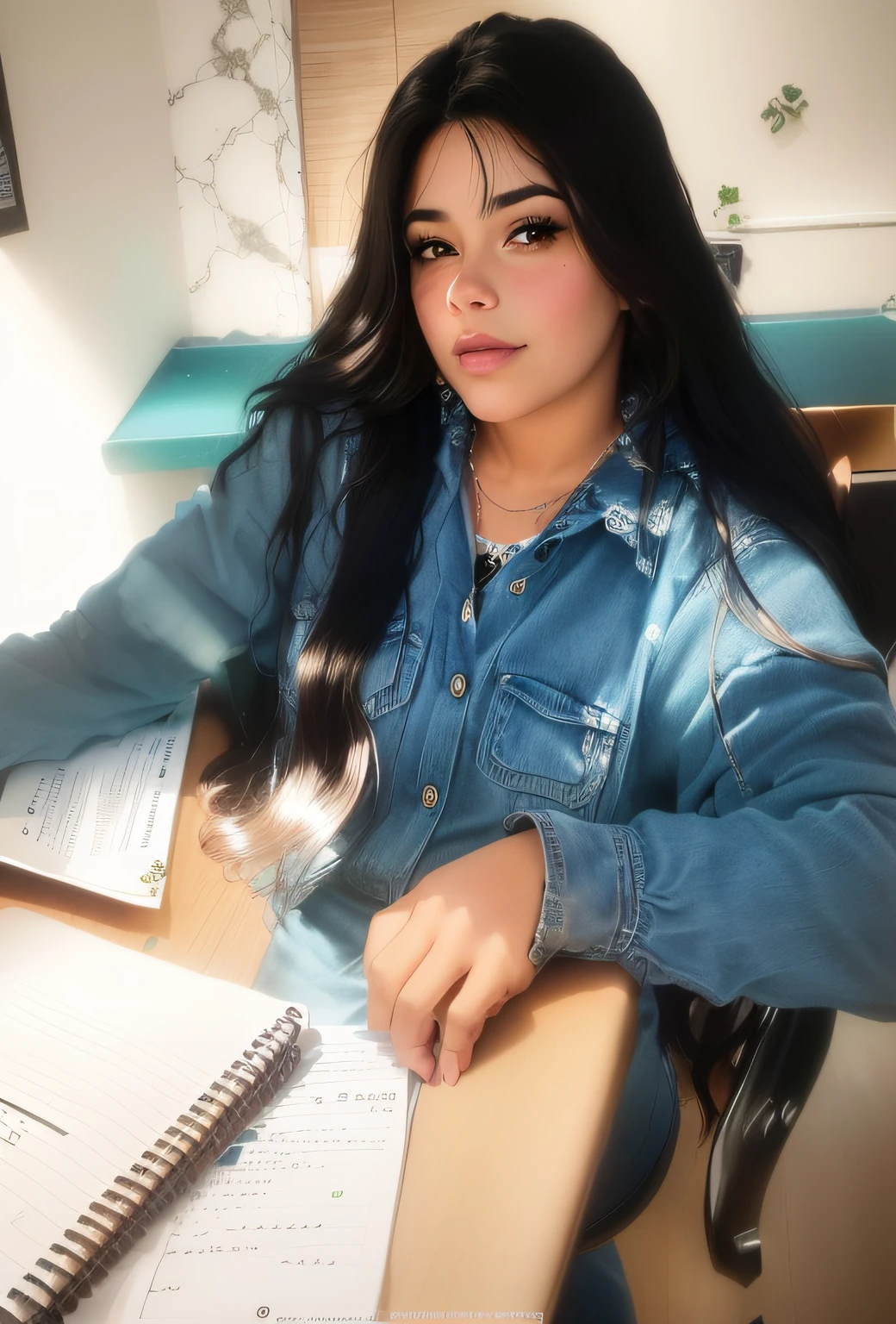  arafed sentada em uma mesa com um caderno e caneta, ela tem cerca de 1 6 anos de idade, Alanis Guillen, 20 anos,de cabelo preto