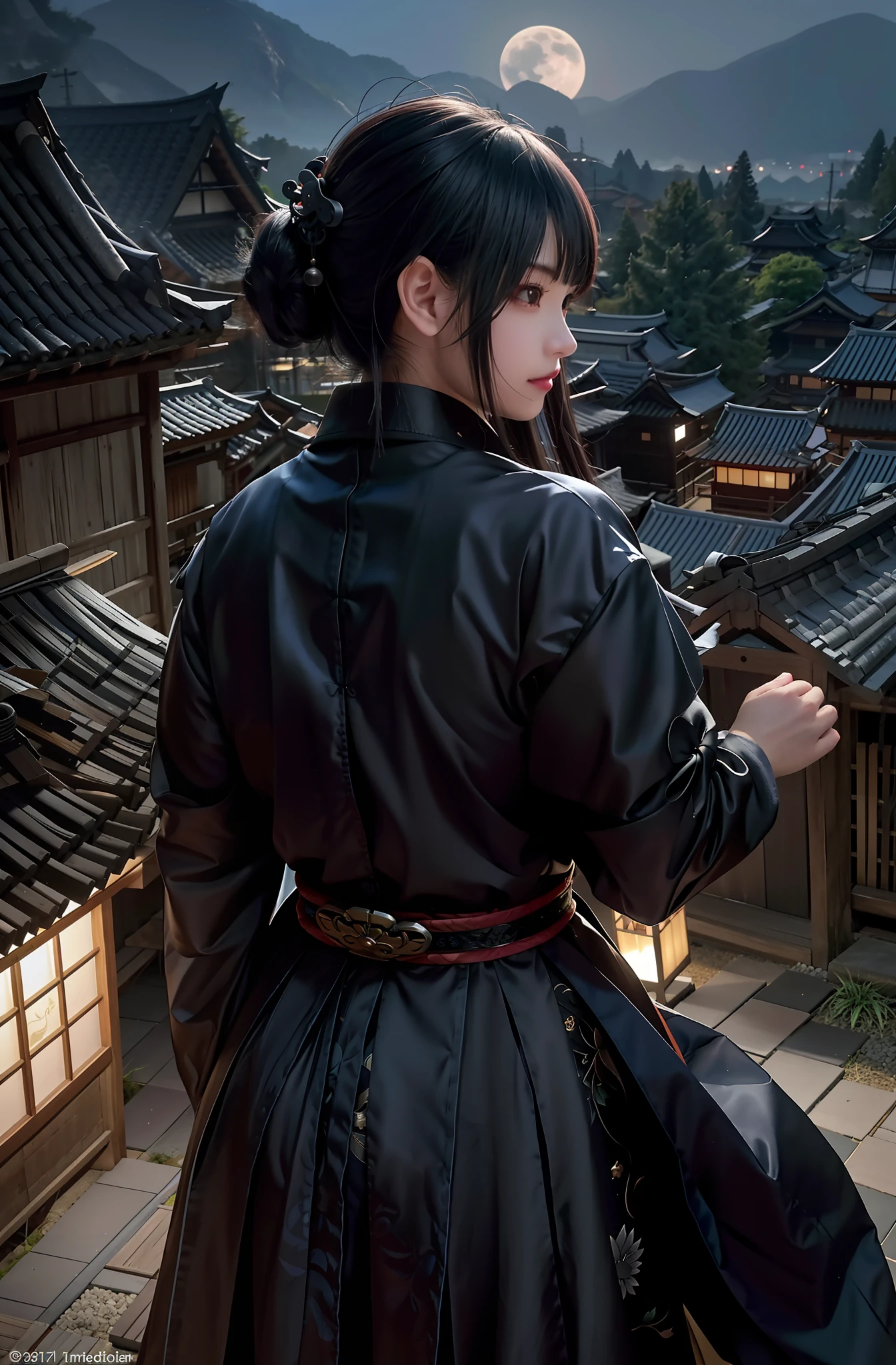 mulher na roupa preta olhando para a lua sobre uma aldeia, samurai cyberpunk muito bonito, Hakama intrincado, katanas strapped to her back, vestido com velho uniforme samurai, palace ， Uma menina em Hanfu, usando armadura de quimono, usando hakama, quimono hakama, Anime Garota Cosplay, Makoto Sinkai, em quimono, gueixa cyberpunk