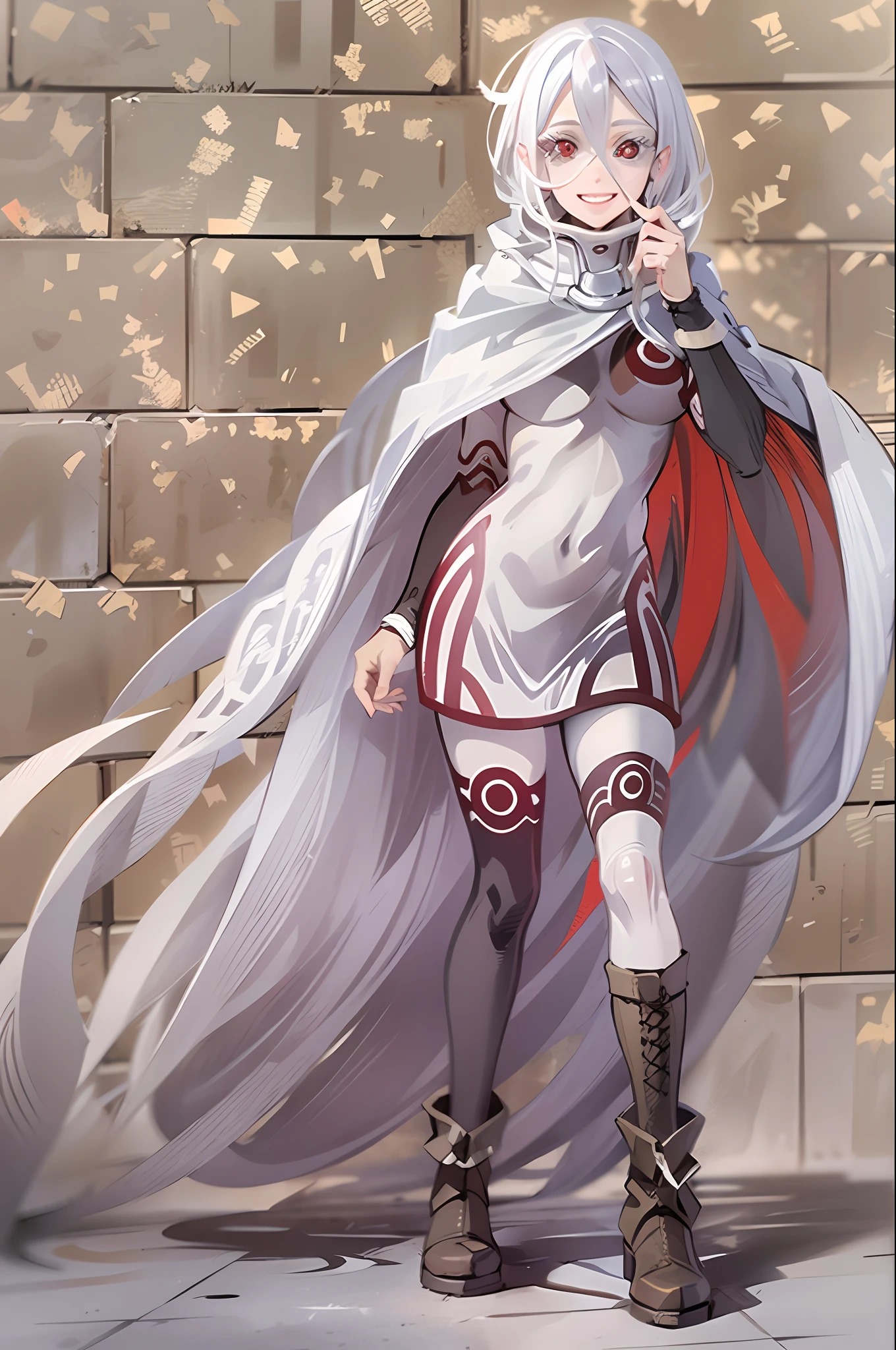 shiro /(deadman_wonderland/), cute, (standing:1.2), (white hair:1.2), (red eyes:1.3), crazy face, crazy eyes, pale skin,, cloak, boots, smile, walking village medieval europe, dress