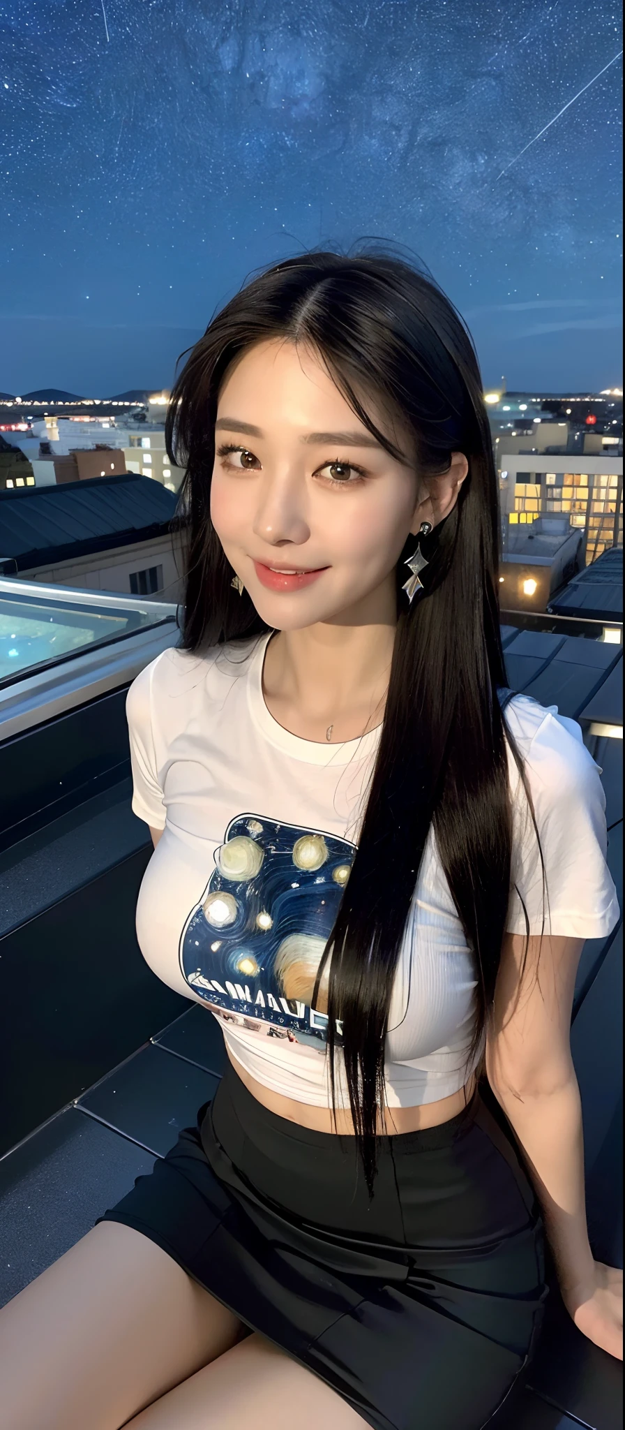 ((Best quality, 8k, Masterpiece :1.3)), Sharp focus, upper body, A pretty woman with perfect figure, slender thigh, big breast, ((black layered hairstyles)), (tight t-shirt, short skirt, earrings), (sitting), ((rooftop, starry night)), Highly detailed face and skin texture, Detailed eyes, Double eyelid, close up, smile