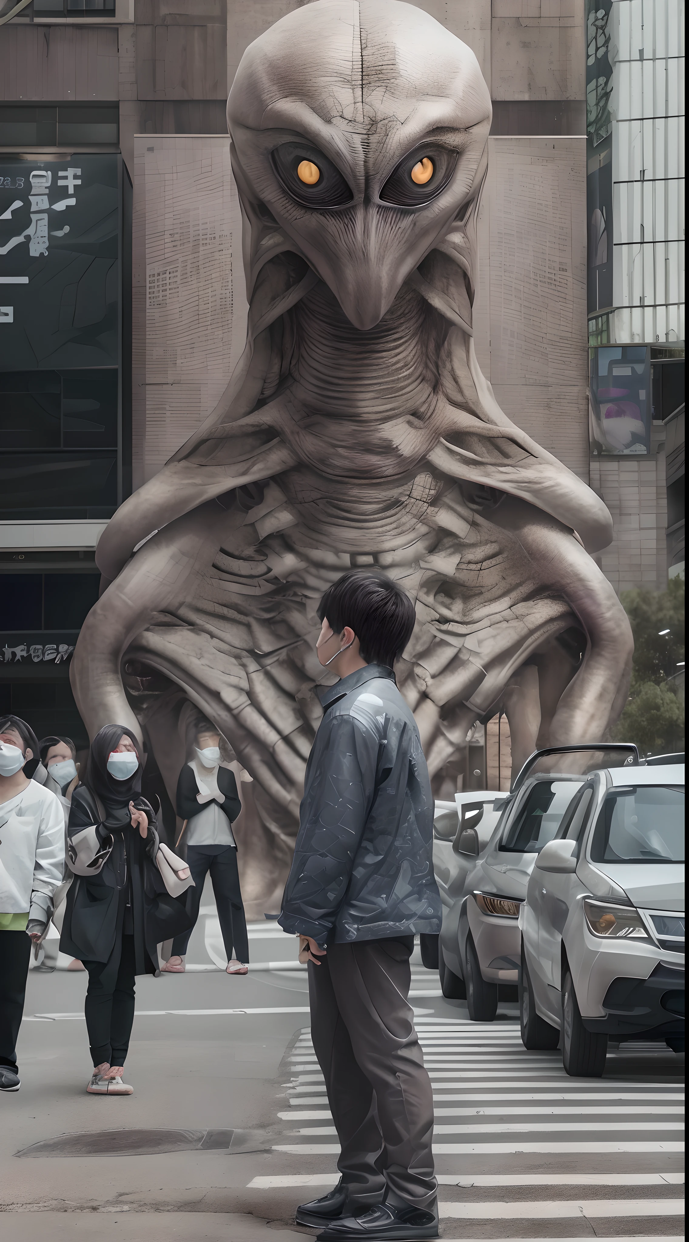 「In downtown Shinjuku、The sight of a huge alien suddenly appearing、Please depict in high quality and live-action system.。Surrounded by crowds、The alien's strange form is as huge as the building behind it.、Overwhelm everything you see。The alien's skin is covered with bizarre patterns、The eyes and mouth are depicted as extra-dimensional.、That existence is a person々Causes fear and anxiety to。People around you々abounds in astonishment and confusion、The fleeing figure is realistically reproduced with high-resolution images.。This sight is、A sense of urgency caused by the presence of another dimension that suddenly appeared in the hustle and bustle of the city.、It emphasizes human helplessness。」