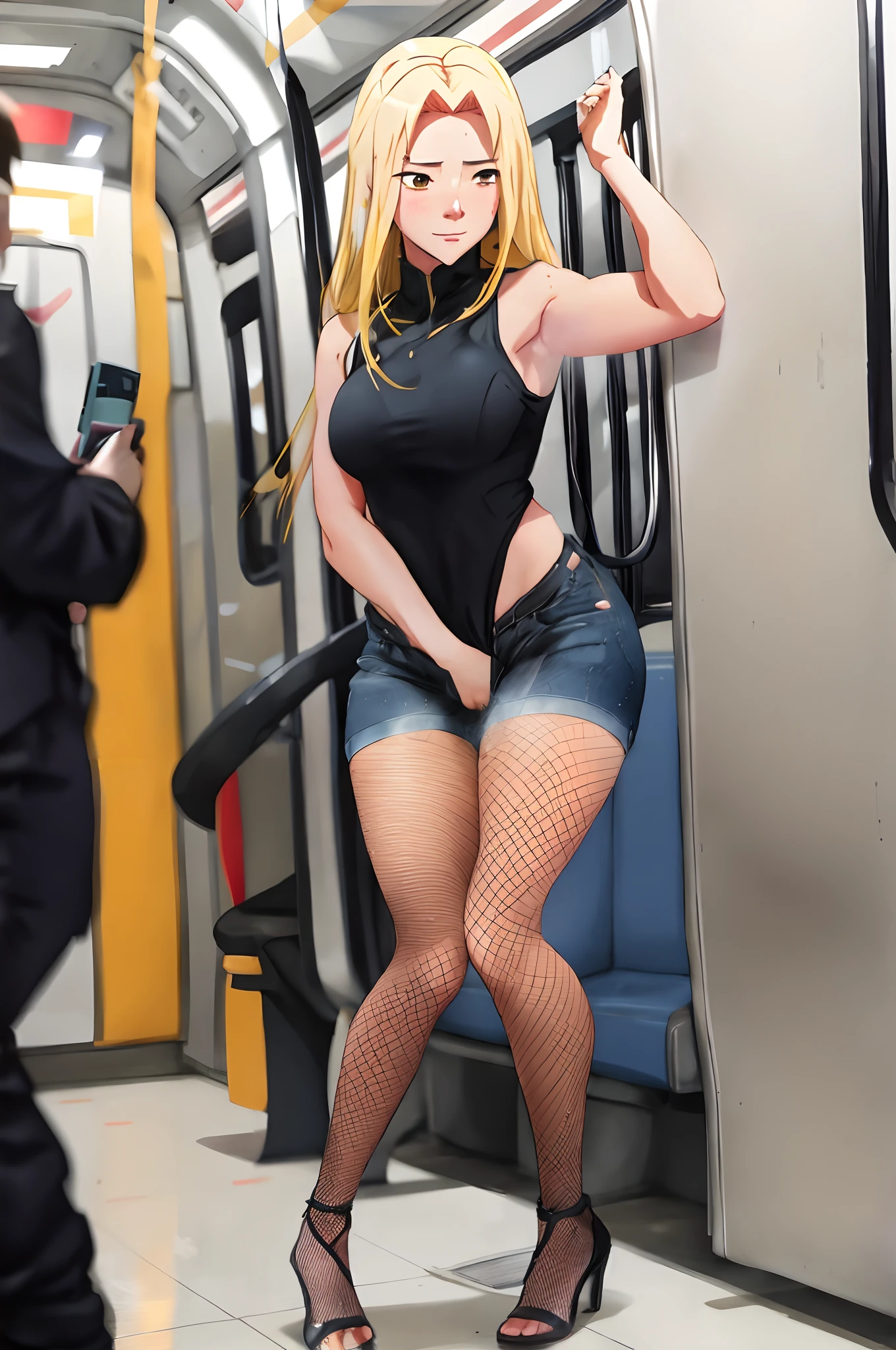 Anime girl wetting herself, yellow droplets flying from her crotch, stain on her shorts,