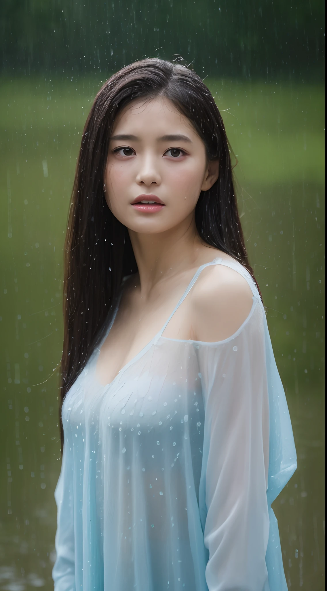 (top-quality、4k、masterpiece:1.3)、Beautuful Women、1 female、(breastsout、Attractive body:1.2)、abdominals:1.1、Dark brown hair:1.1、(rainy wet、Wet in the rain、Wet body:1.2)、Ultra-detailed face、detailed lips、A detailed eye、二重まぶた、20Year old girl