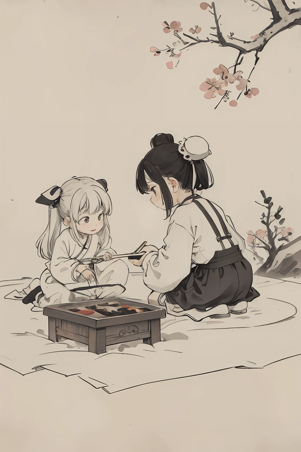 (masterpiece, best quality: 1.2), traditional Chinese ink painting, two children