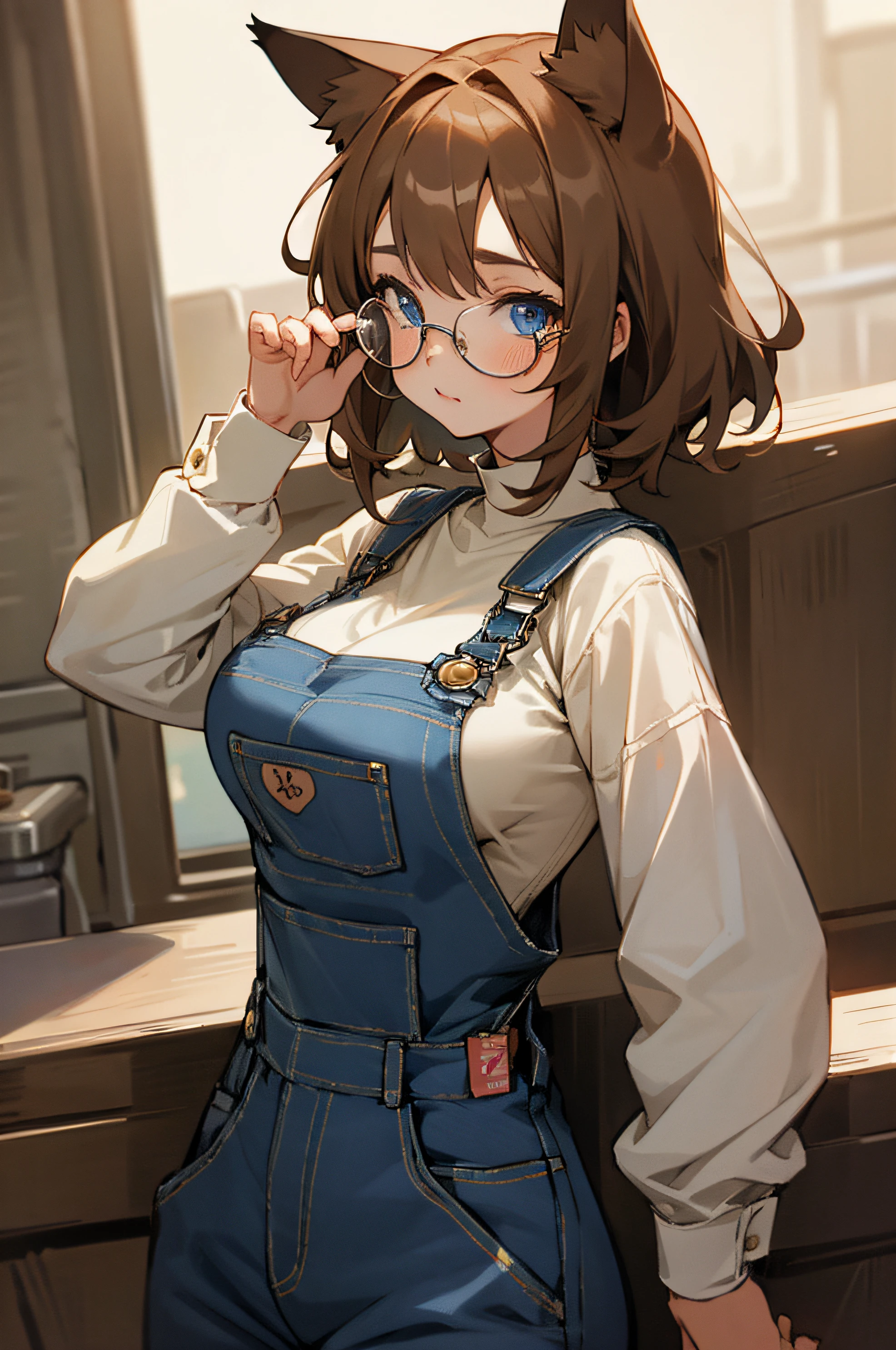 1girl, short light brown hair, cat ears, blue eyes, shirt and denim overalls, big breasts, glasses