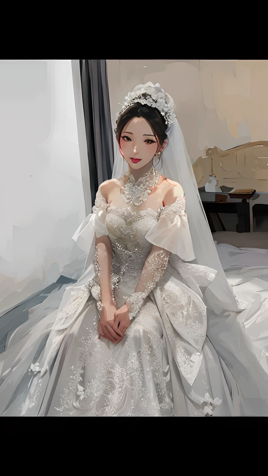 Close-up of a woman in a wedding dress sitting on bed, shaxi, Gorgeous lady, Luxury dress, wenfei ye, Ancient sword, dreamy dress, yanjun cheng, Wedding dress, jinyiwei, wei wang, zmonzheng, Wearing a wedding dress, expensive voluminous dress, luxurious wedding, full-body xianxia