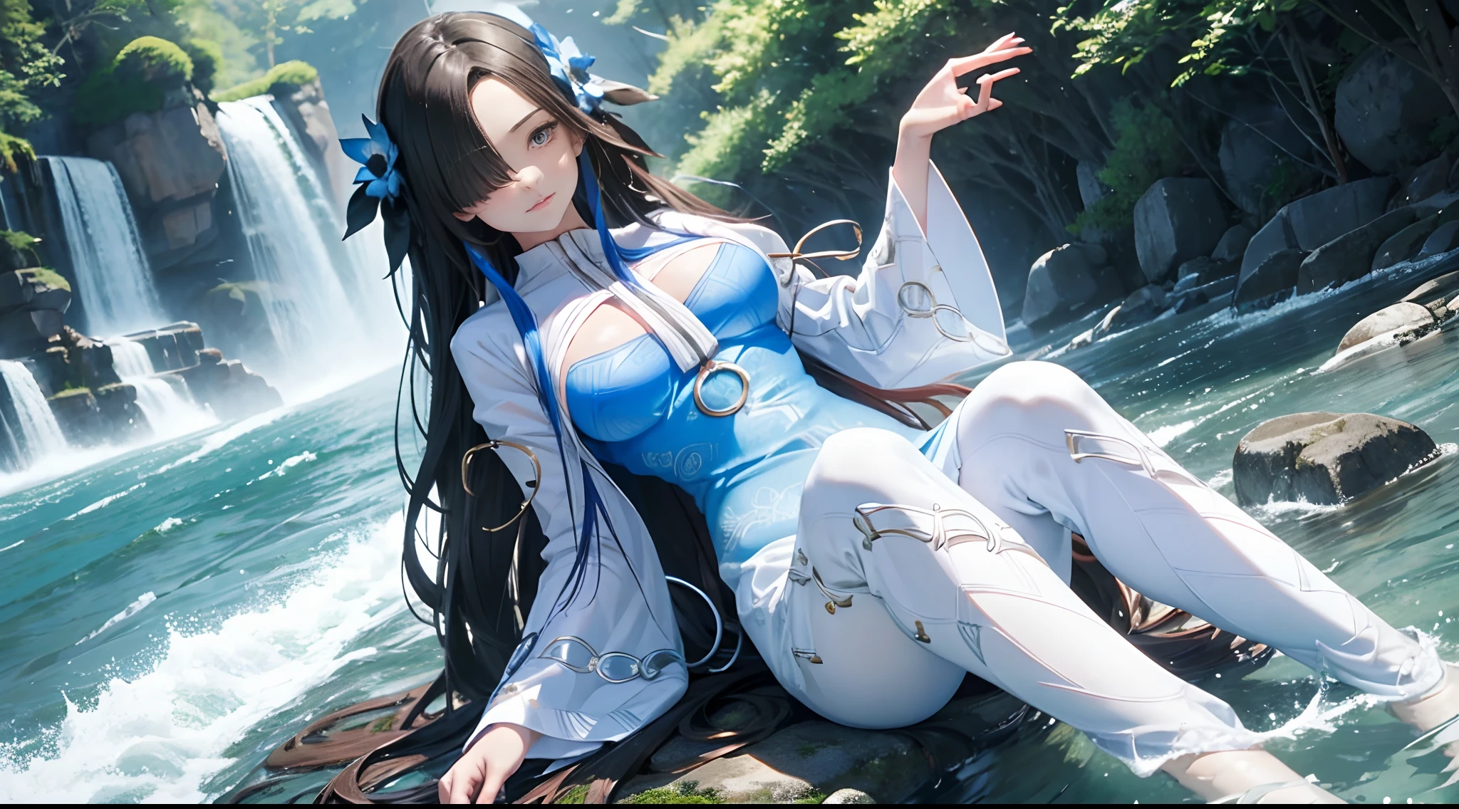 （Enrich the picture，Masterpiece level quality）Beautiful 8K CG artwork，Goddess-like posture，Sit by the river and exercise in a posture，Slim and soft，Translucent skin，Black hair、The beauty of extra-long hair, Super Long Straight Hair，The skin is fair and juicy，Big breasts underwear uniform，Perspective Part 1.2x enhanced silhouette effect，Exquisite transparent blues pattern in pajamas，The details are intricate and exquisite，The background is slightly blurred，Charming and lustful leg seduction，Drool，Extra-large big breasts，Blush，Japan goddess，Perfect body slim curves，Scene by the sea，