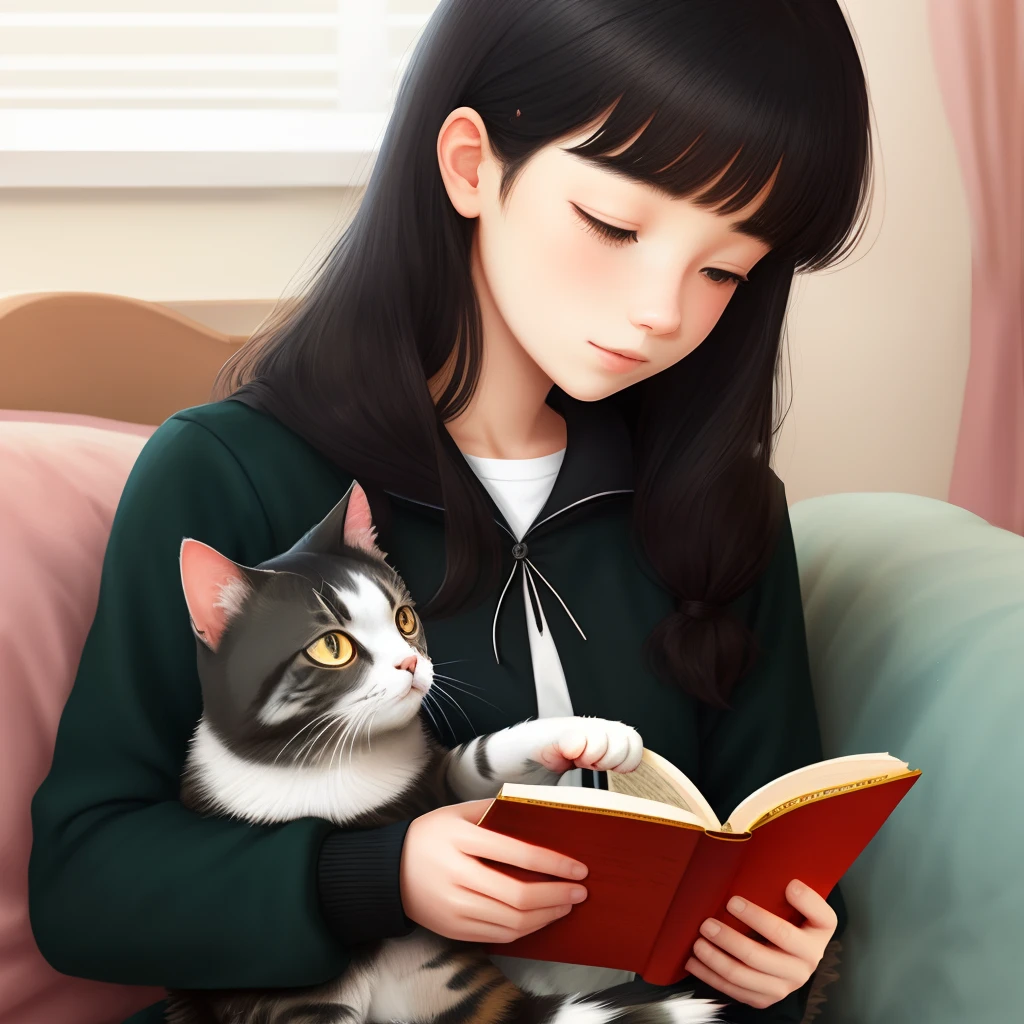 Black-haired reading teenager petting cat