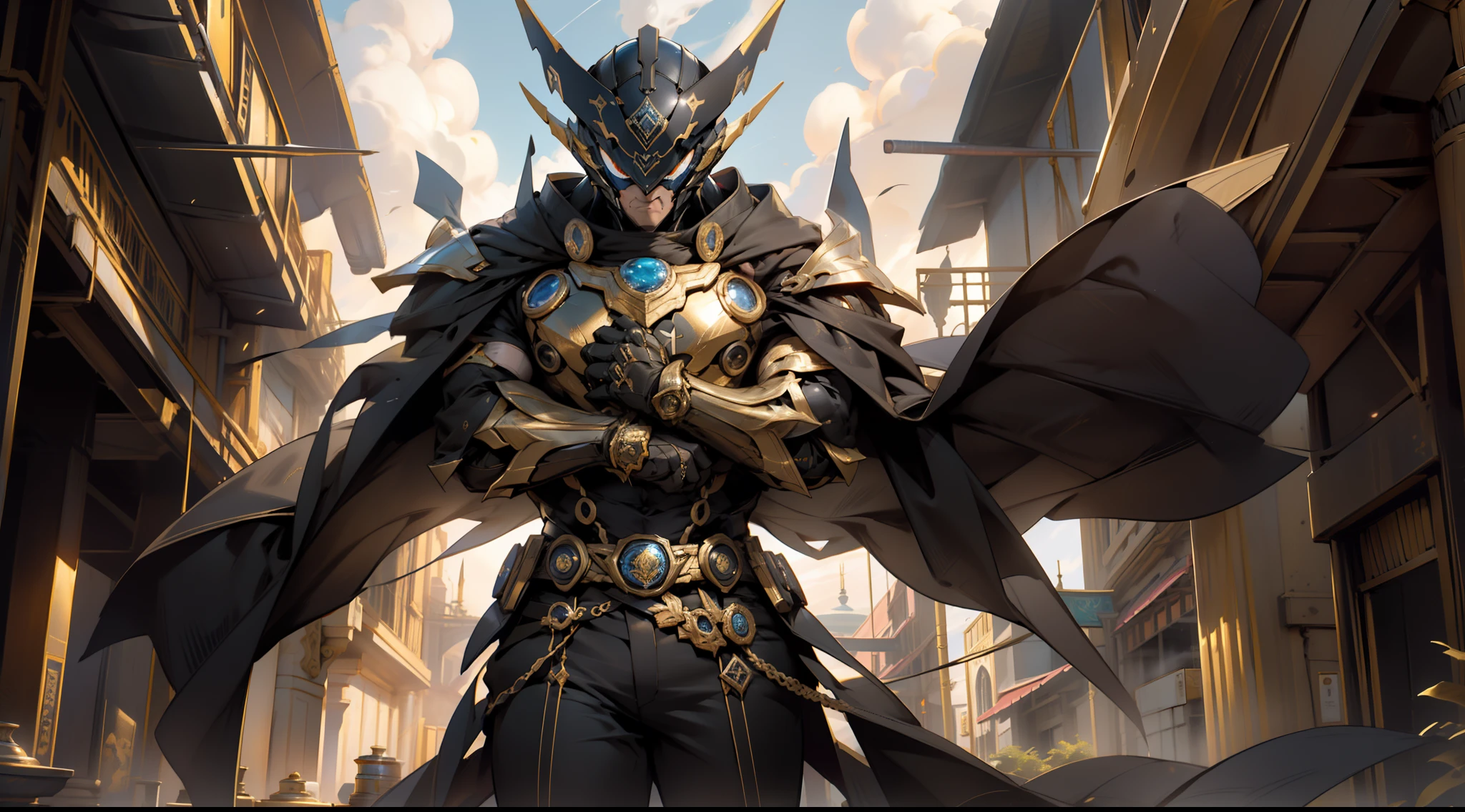 Obsidian Gold Kamen Rider,Fold your hands to your chest,Suspended in the air,sci-fy,Fire magic,perfect bodies,the night,The sky radiates with golden light,divino,Majesty,starryskybackground,god light