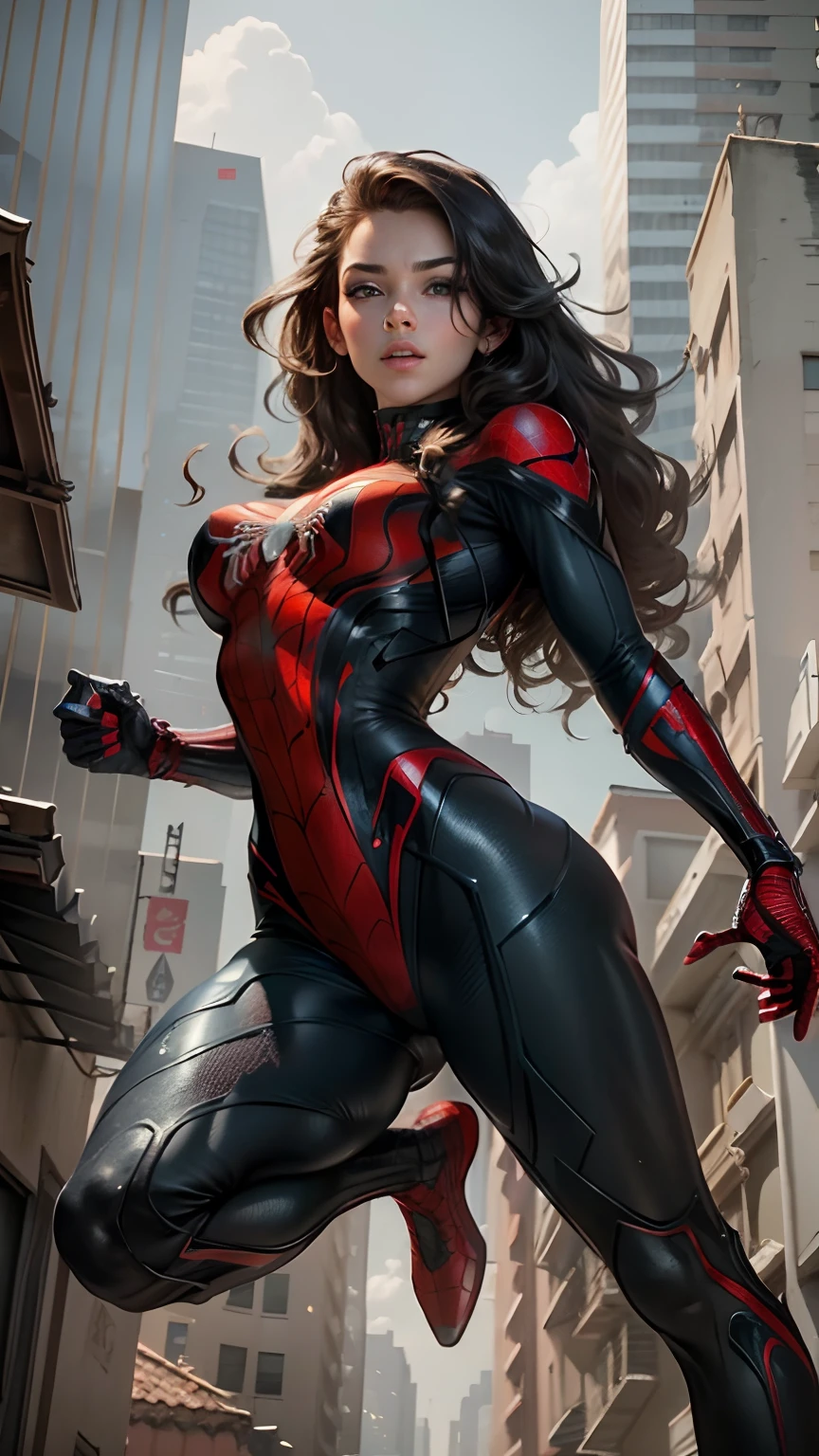 Beautiful woman detailed defined body using spider man cosplay,Large breasts,The breast is exposed,Jump between buildings
