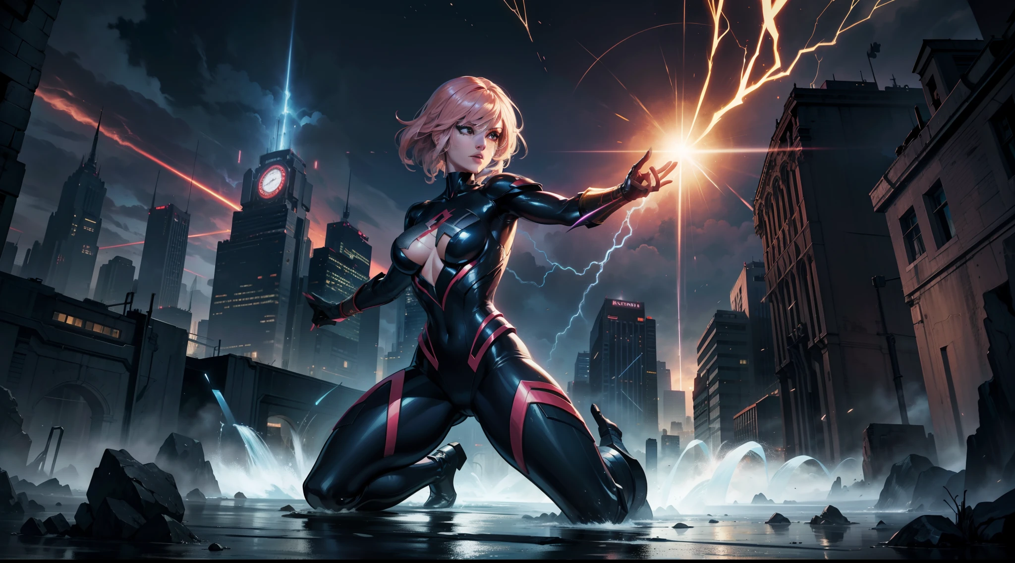 A beautiful and powerful heroine is fighting with a super villain in a big and fancy city, action scene, superpowers, full body shot, daylight, lightning light, high definition, Ultra Quality, 8k, masterpiece, intricate details, volumetric light, dynamic compositing, HQ comics style