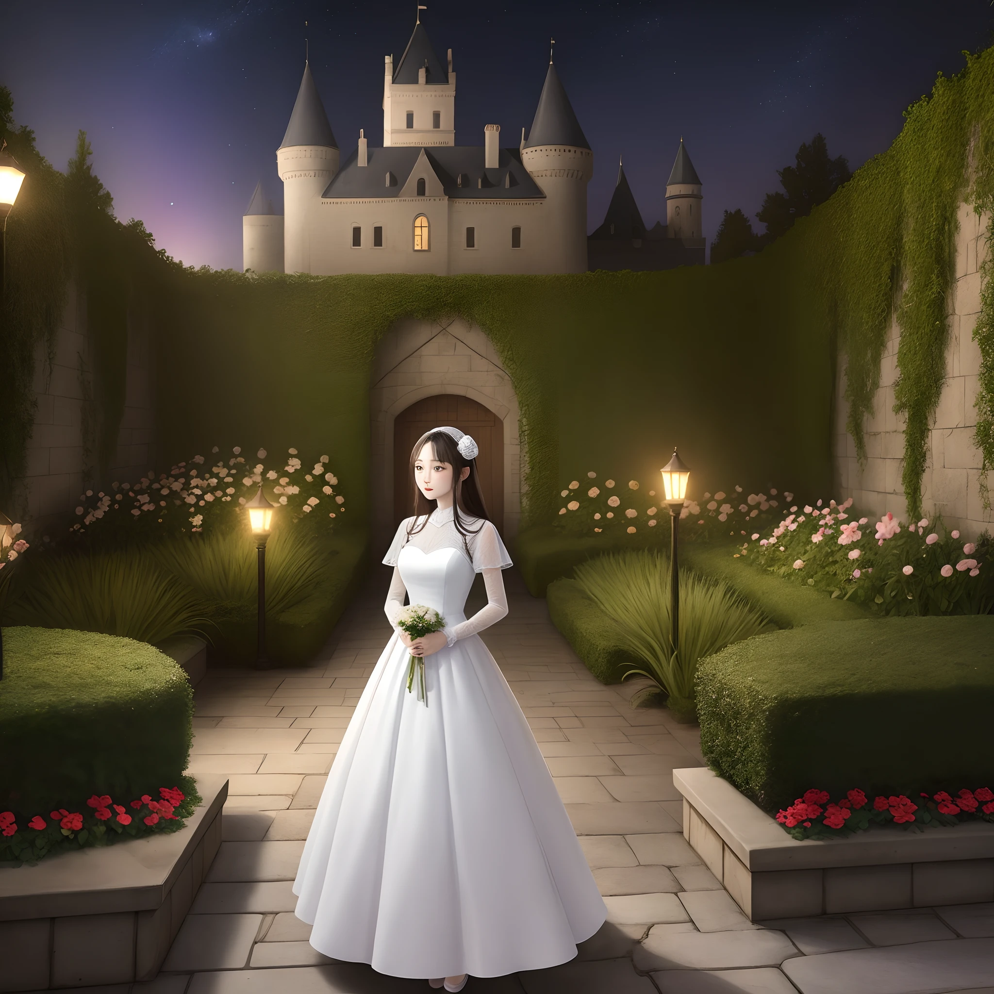 Castle rose garden at night,White gauze dress