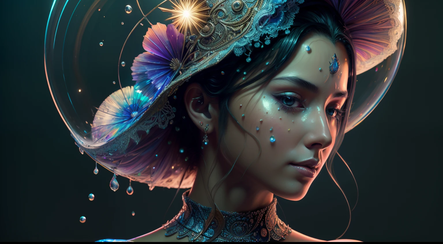 Pintura digital de una mujer  joven con barba y un tocado floreado ,Arte de Alberto Severo, salpicaduras y gotas congeladas multicolores, dream, Pintura digital surrealista , brillos tornasolados, efectos 3D, Ultra HD, obra de arte magistral ,cinematic lighting,16k Arte digital 4K altamente detallado, Pintura digital intrincada, Arte digital detallado 4K, Gran arte digital con detalles, amazing detail digital art, Arte digital extremadamente detallado, Arte digital altamente detallado, amazing digital art, Awesome Digital Illustration, hyperdetailed fantasy character, Arte digital hiperdetallado, Arte digital demasiado detallado
