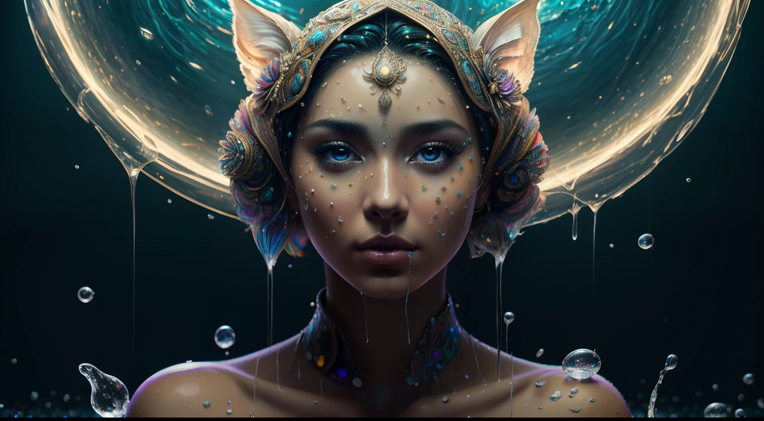 Pintura digital de una mujer joven con barba y un tocado floreado ,Arte de Alberto Severo, salpicaduras y gotas congeladas multicolores, dream, Pintura digital surrealista , brillos tornasolados, efectos 3D, Ultra HD, obra de arte magistral ,cinematic lighting,16k Arte digital 4K altamente detallado, Pintura digital intrincada, Arte digital detallado 4K, Gran arte digital con detalles, amazing detail digital art, Arte digital extremadamente detallado, Arte digital altamente detallado, amazing digital art, Awesome Digital Illustration, hyperdetailed fantasy character, Arte digital hiperdetallado, Arte digital demasiado detallado
