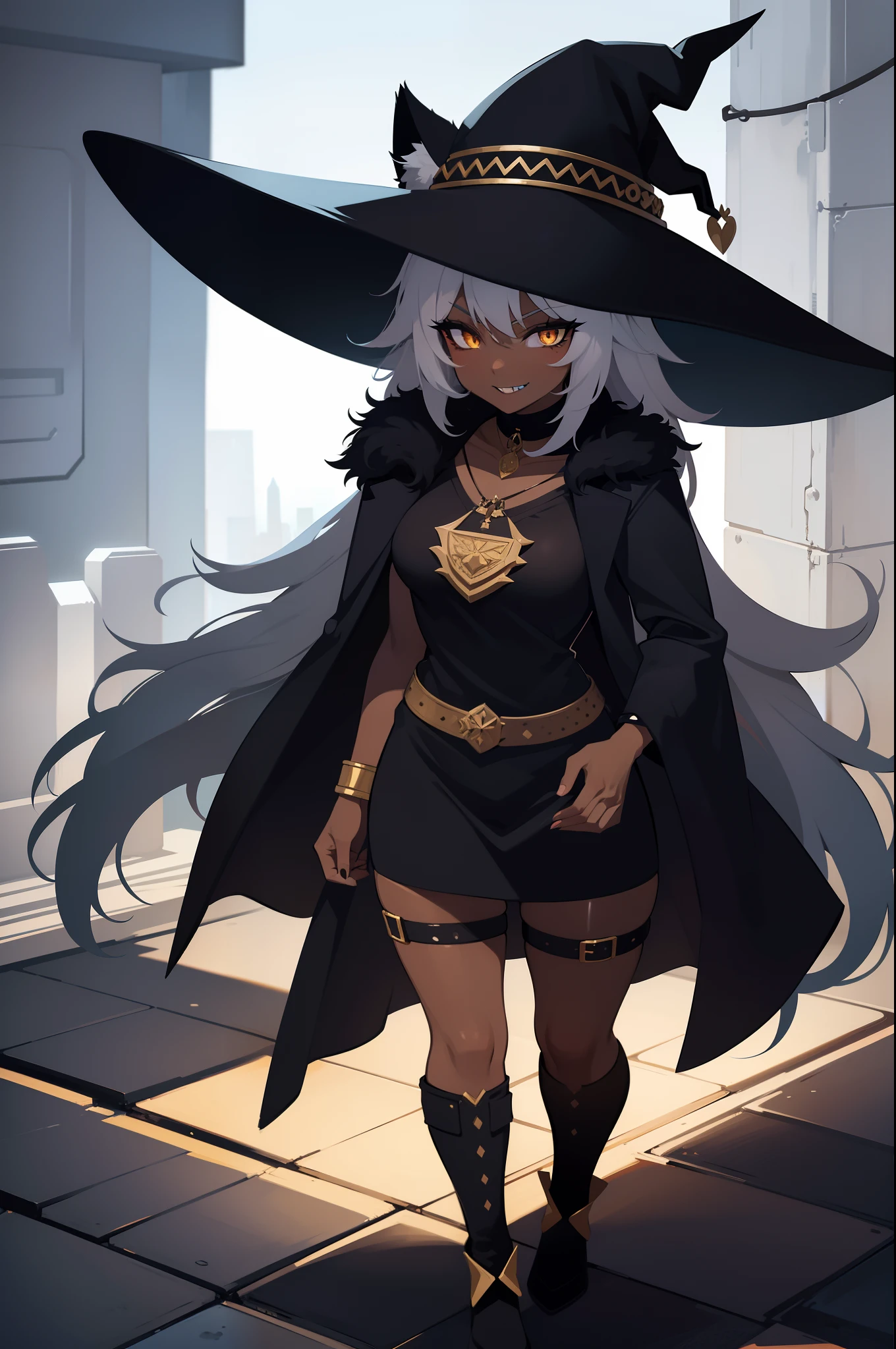 1girl, wolf girl, wolf ears, wolf tail, dark skin, full body, mature woman, mage, witch hat, leather, prideful, pride, sexy, SFW, powerful, alluring, make-up, dangerous, cunning, smirking,