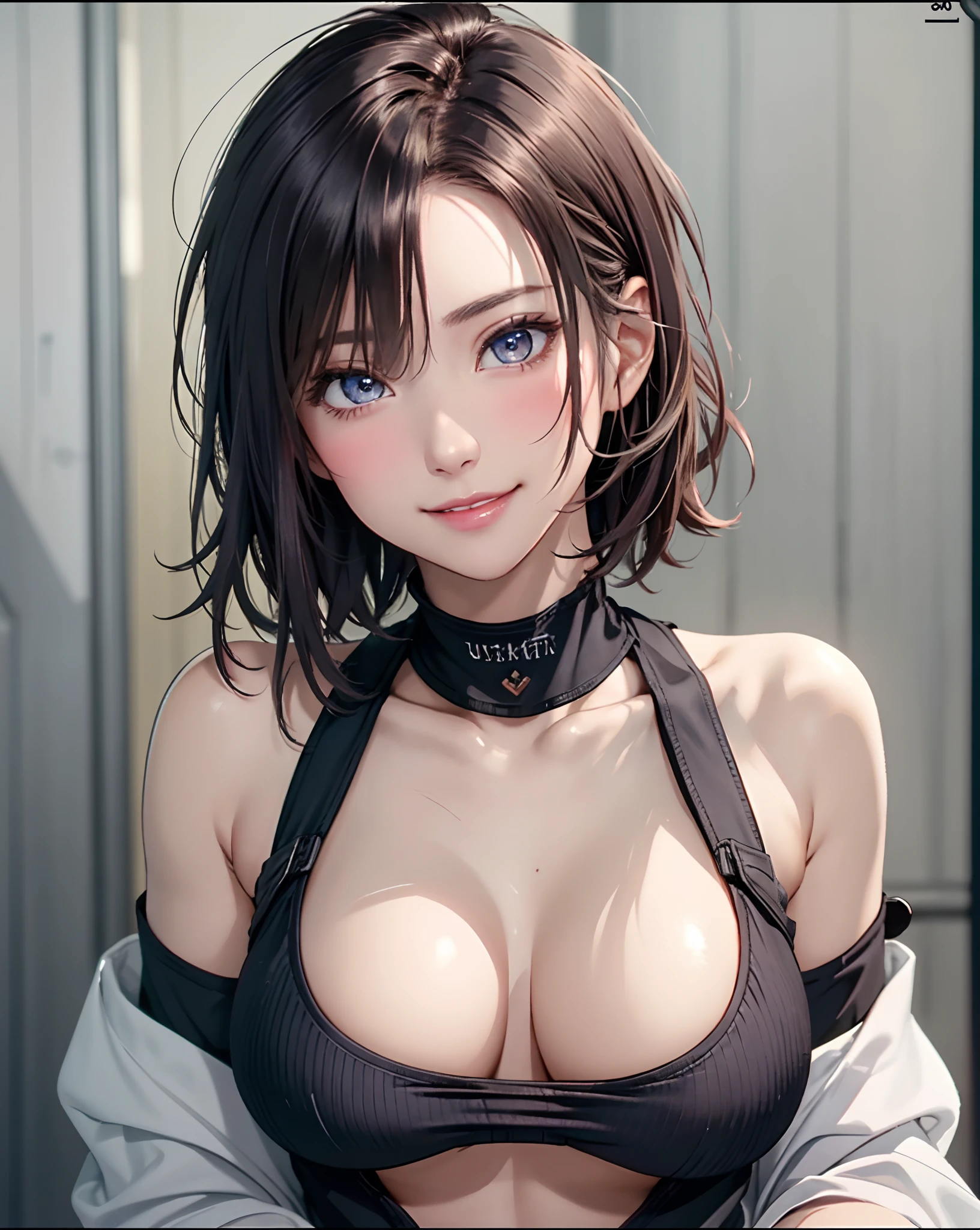 Best Quality, Ultra High Resolution, (Photorealistic: 1.4), Beautiful Eyes, Super Beautiful, Very Short Hair, Beautiful, Sweetheart, T-shirt with Rough Chest, Beautiful Soldier, Eyes That Invite Viewer, Lover's Perspective, Inviting Expression, Sexy Smile, Perfect Style, Perfect Balance, Detailed Skin, Naughty Gaze, Chest Visible