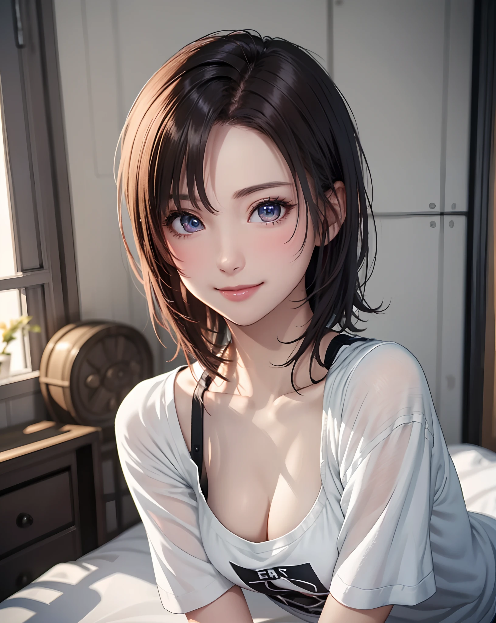 Best Quality, Ultra High Resolution, (Photorealistic: 1.4), Beautiful Eyes, Super Beautiful, Very Short Hair, Beautiful, Sweetheart, T-shirt with Rough Chest, Beautiful Soldier, Eyes That Invite Viewer, Lover's Perspective, Inviting Expression, Sexy Smile, Perfect Style, Perfect Balance, Detailed Skin, Naughty Gaze, Chest Visible