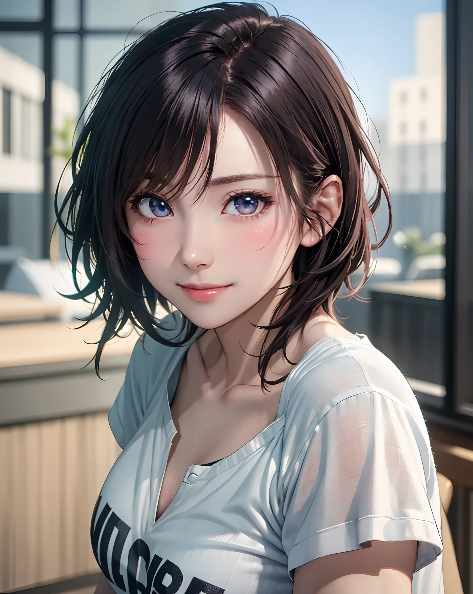 Best Quality, Ultra High Resolution, (Photorealistic: 1.4), Beautiful Eyes, Super Beautiful, Very Short Hair, Beautiful, Sweetheart, T-shirt with Rough Chest, Beautiful Soldier, Eyes That Invite Viewer, Lover's Perspective, Inviting Expression, Sexy Smile, Perfect Style, Perfect Balance, Detailed Skin, Naughty Gaze, Chest Visible