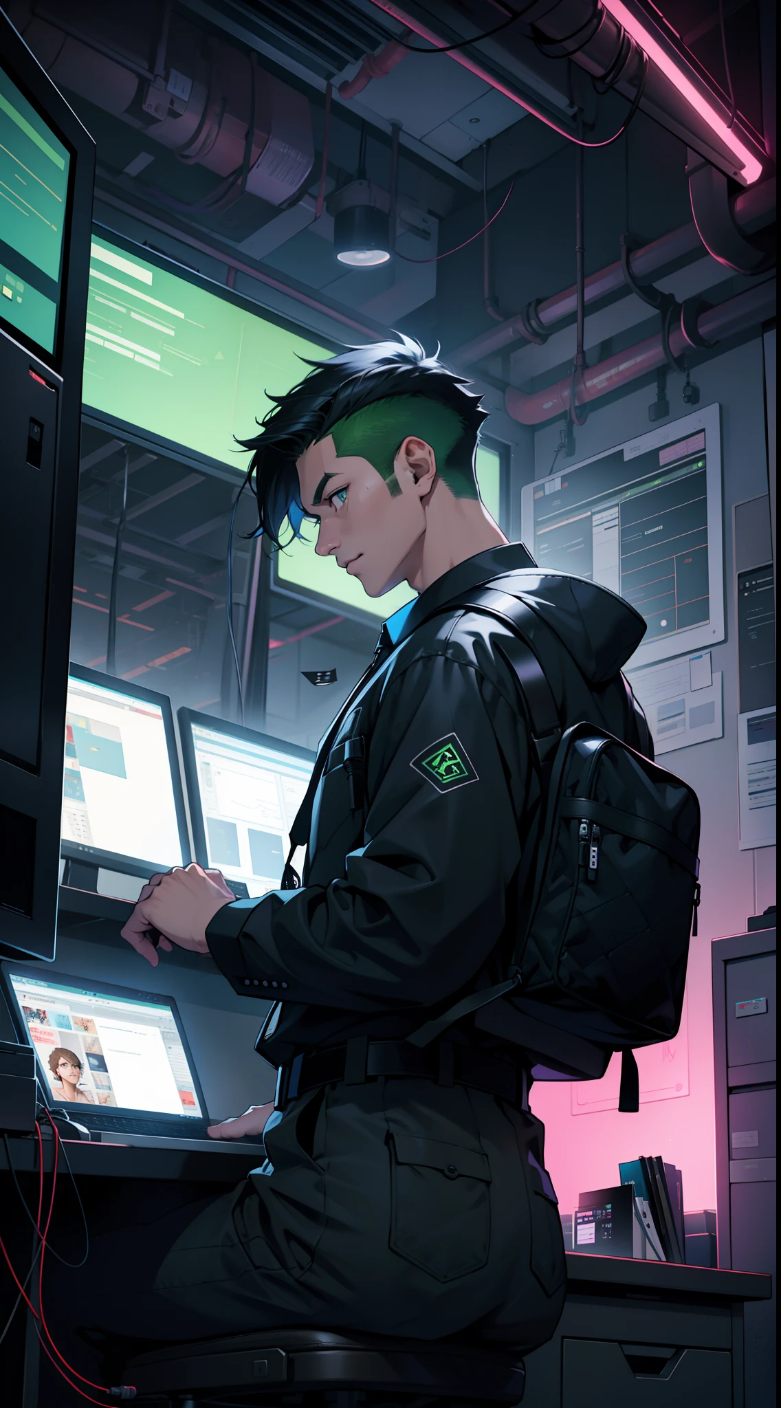 salaryman、Adults、29yo、Holding an energy drink in one hand、ty、systems engineer、cyberpunked、near future、TOKYOcty、s Office、Neon Street、Electromechanical、One man、Dark circles in the eyes、Narrow-eyed、Shadows are vivid colors、Vivid Color、overtime、s Office、Transformation Belt、hero、heroic、real face、Engineers、keyboard、personal computers、Office at night、Working alone、working adults、Image color is bright green、Scenery at work、Clear contours、Distinct eye and nose stand、Face drawn clearly、Hair color is vivid color、A room full of cables、Hero Goods、twinks、salaryman、8K、Clear image quality、Solid line is vivid color