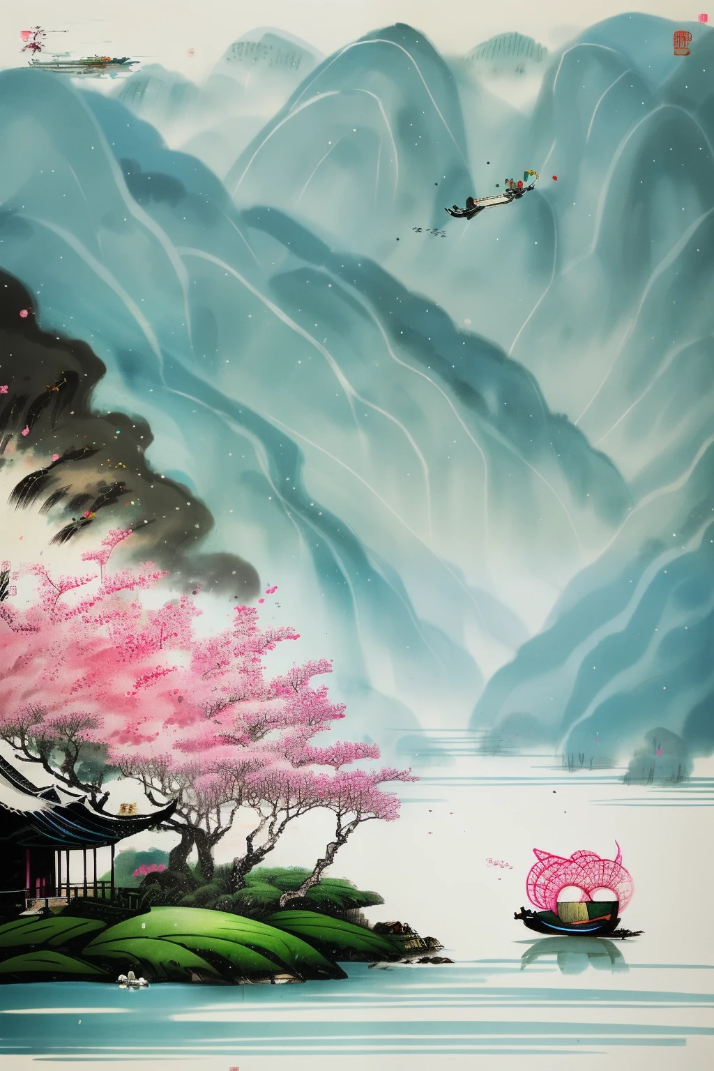 Men and women on board wear pink dresses, Fairy tale style background, xianxia fantasy, Chinese fantasy, Chinese style painting, Flat wind，Simple style，Chinese watercolor style, Tang Yin inspiration, a beautiful artwork illustration, Qixi Festival, Chinese painting style,  A cena mais bonita。