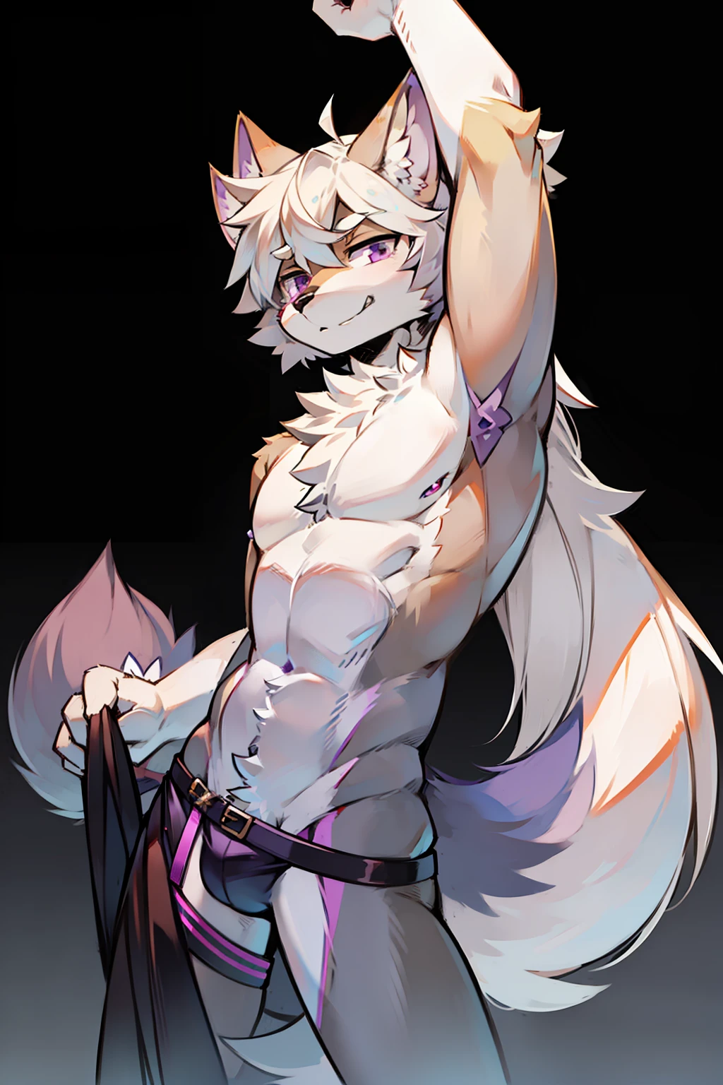 solo person,shaggy male,Furry,coyote,canid,Gray fur,long white hair,The ends of the hair are purple,a purple eye,Bullied,adolable,Handsome,Stretching action
