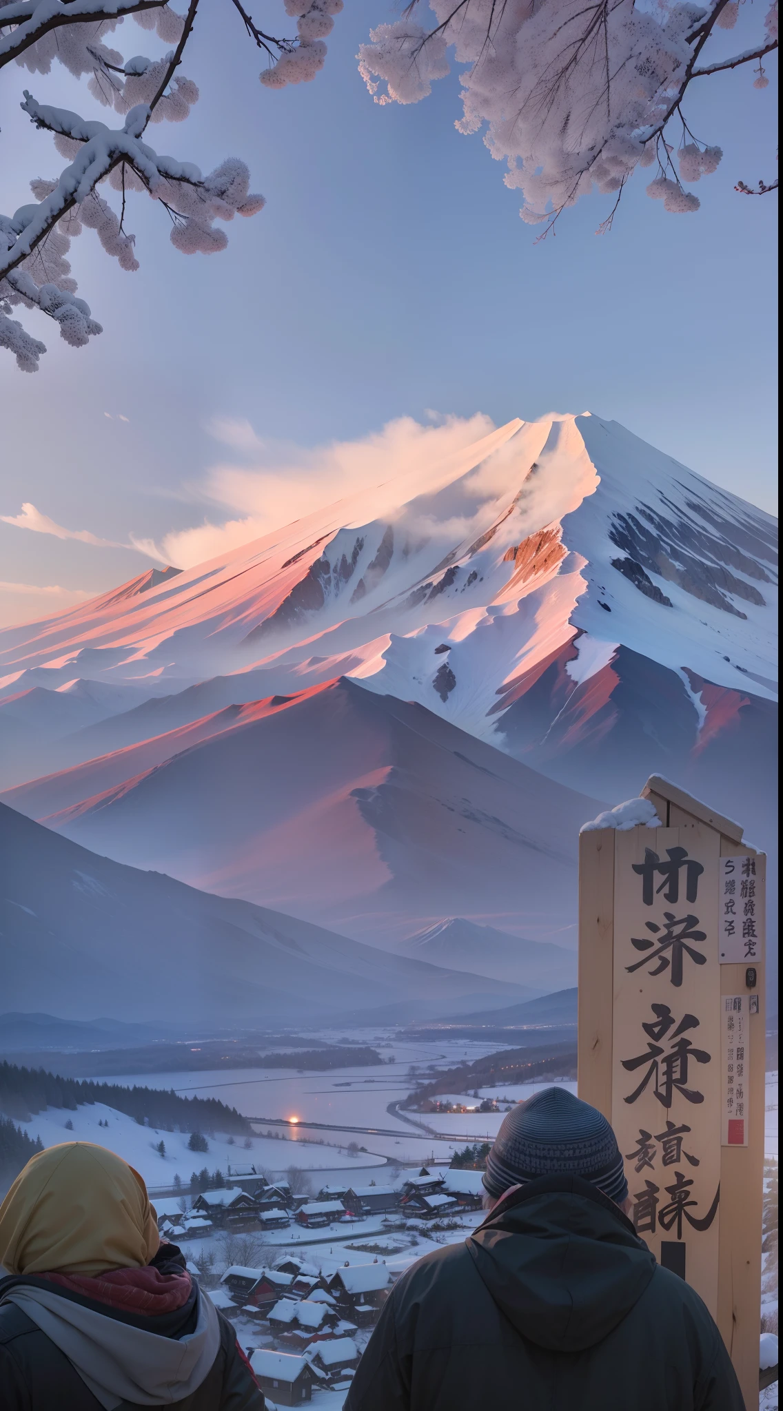 People look at a mountain,There is a sign on the front, Sunrise over snow-capped Mt. Fuji, Mt fuji, mount fuji in the background, mont. Fuji, mount fuji on the background, japan mountains, mount fuji background, mount fuji background, japan deeper travel exploration, dojo on a mountain, fuji choko, countryside in japan, japanese heritage