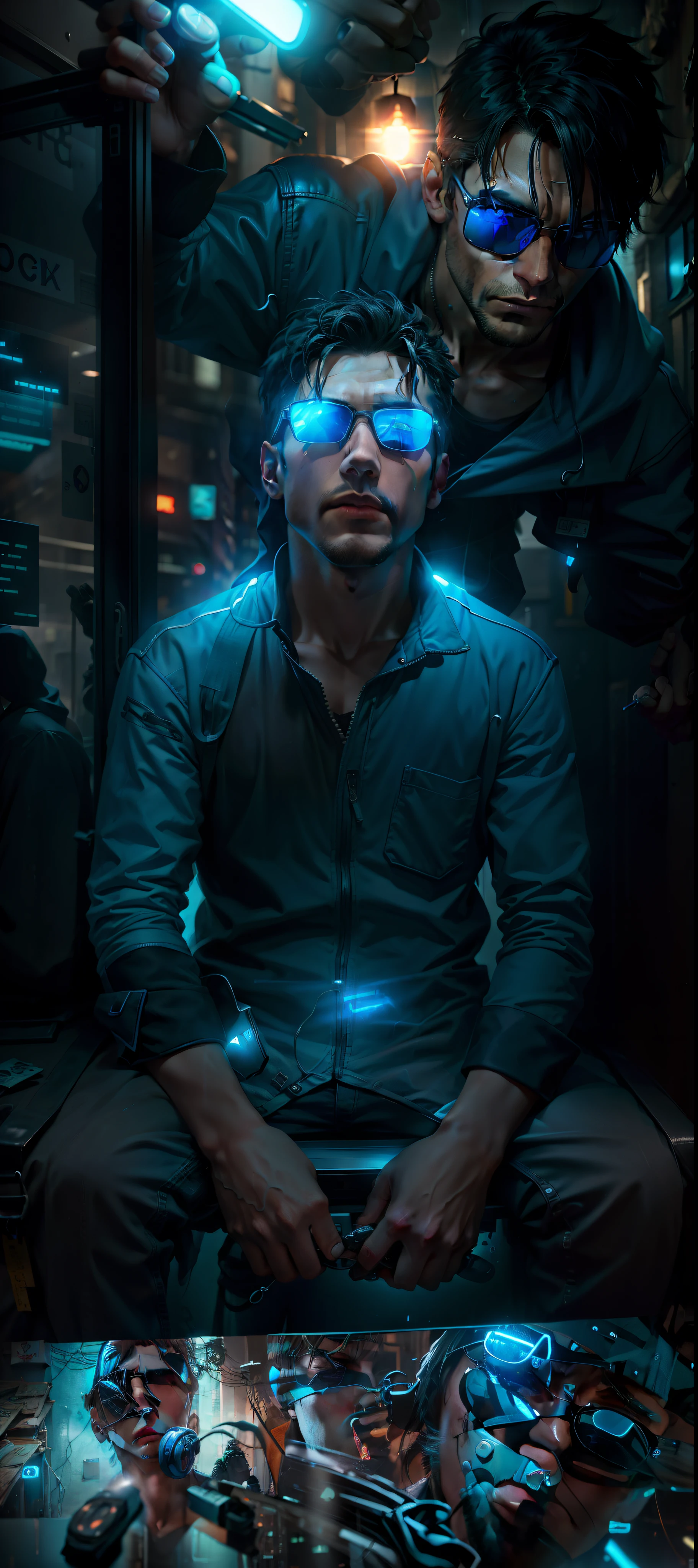 1man, hacker, hood, sunglasses, holding a worm pill and a blue one, movie set, neon light ends, night, rain, volumetric lighting, best quality, masterpiece, realistic
