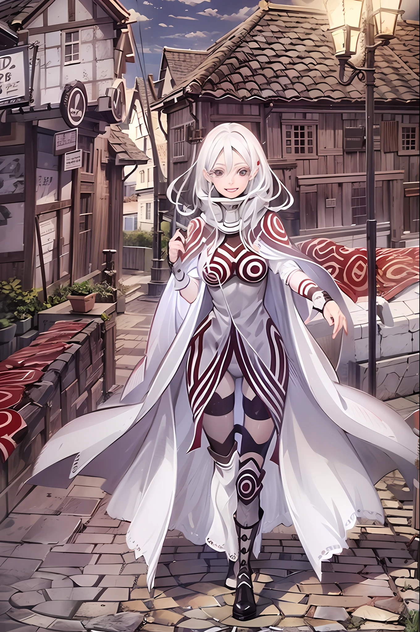 shiro /(deadman_wonderland/), cute, (standing:1.2), (white hair:1.2), (red eyes:1.3), crazy face, crazy eyes, pale skin,, cloak, boots, smile, walking village medieval europe, dress