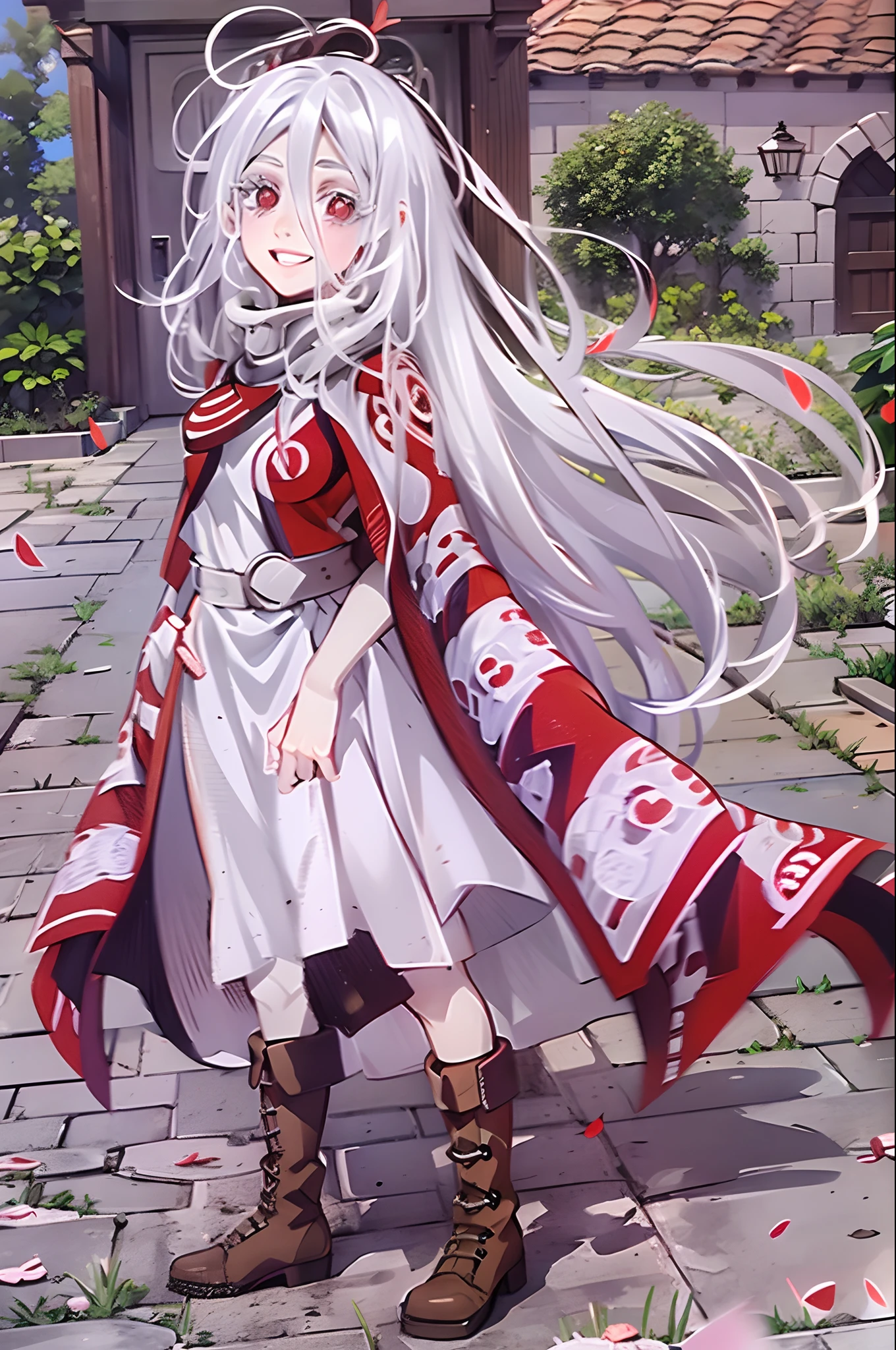 shiro /(deadman_wonderland/), cute, (standing:1.2), (white hair:1.2), (red eyes:1.3), crazy face, crazy eyes, pale skin,, cloak, boots, smile, walking village medieval europe, dress