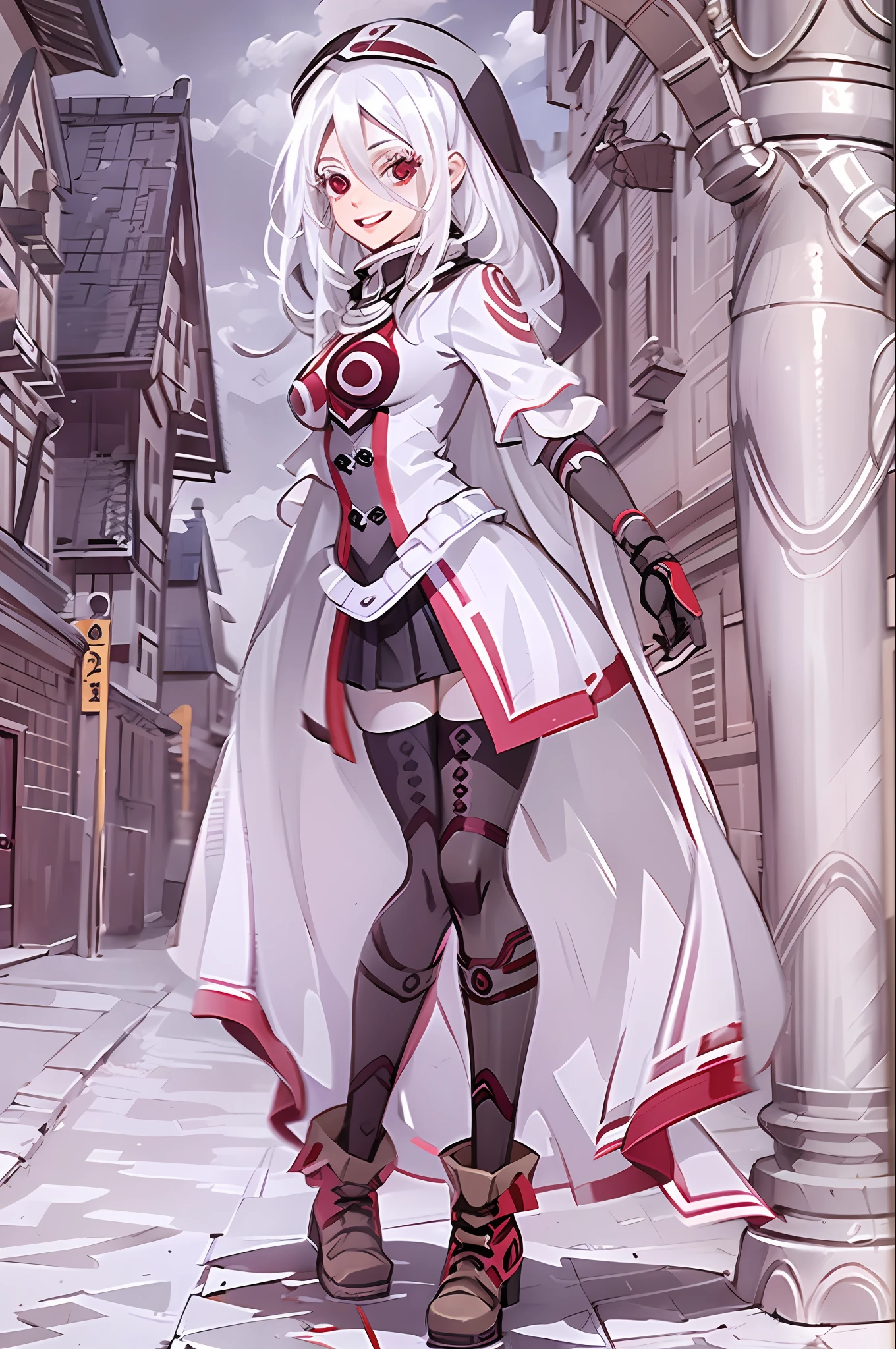 shiro /(deadman_wonderland/), cute, (standing:1.2), (white hair:1.2), (red eyes:1.3), crazy face, crazy eyes, pale skin,, cloak, boots, smile, walking village medieval europe, dress