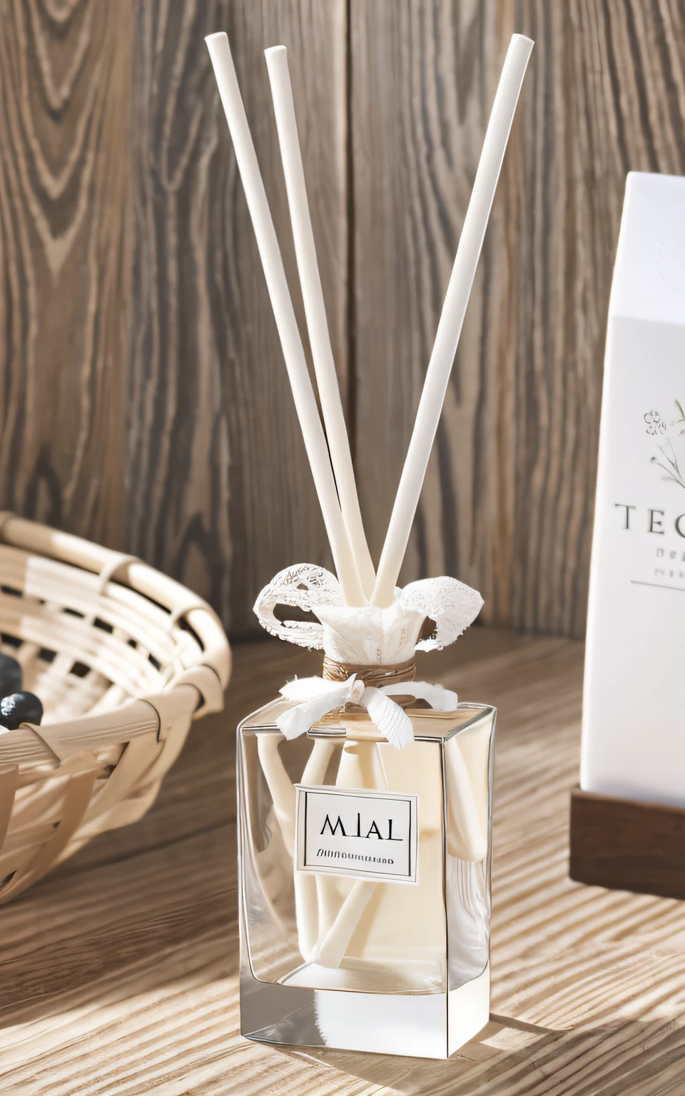 "(Masterpiece grade、best qualtiy、Ultra-detailed graphics)+minimalistic background+still-life+The perfume bottle is centered+Follow the one-third composition rule+(Floral decoration:0.5)+Wood grain tabletop+Lace cloth"