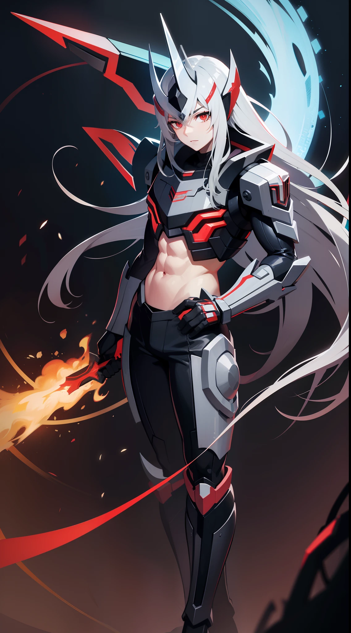 young boy, long gray hair, red eyes, The Iron Mantle of Cybertron, open torso, Iron horns, Masterpiece, hiquality