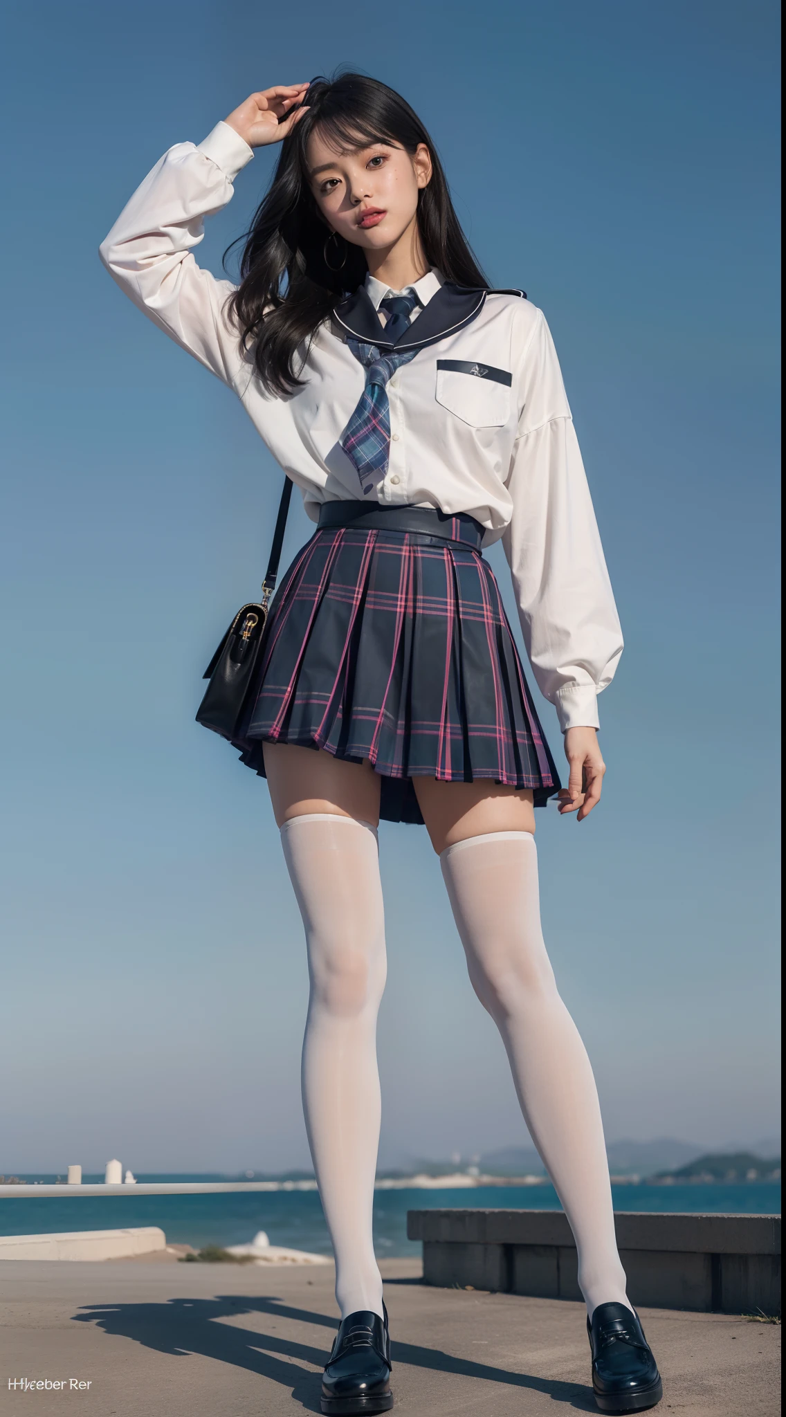(full body:1.5),(looking at viewer:1.4),(anatomy correct:1.3),(In the paradise of the day:1.3),(Wearing Very thick Pantyhose and JK student uniform plaid pleated skirt and JK uniform leather shoes :1.3), (A high jump posture:1.3),(In pink|amarelo|blue colors|green color|red colour|white colors|black in color|purpleish color|greys|Beige|Flesh color 1.4),,(Accurate and perfect face:1.4),(Clothing Gloss:1.25),(Skin reflection:1.25)A shallow laugh,,hyper HD, Ray traching, reflective light,structurally correct, Award-Awarded, high detal, lightand shade contrast, Face lighting,cinmatic lighting, tmasterpiece, super detailing, high high quality, high detal, best qualityer, 16k,high contrast,