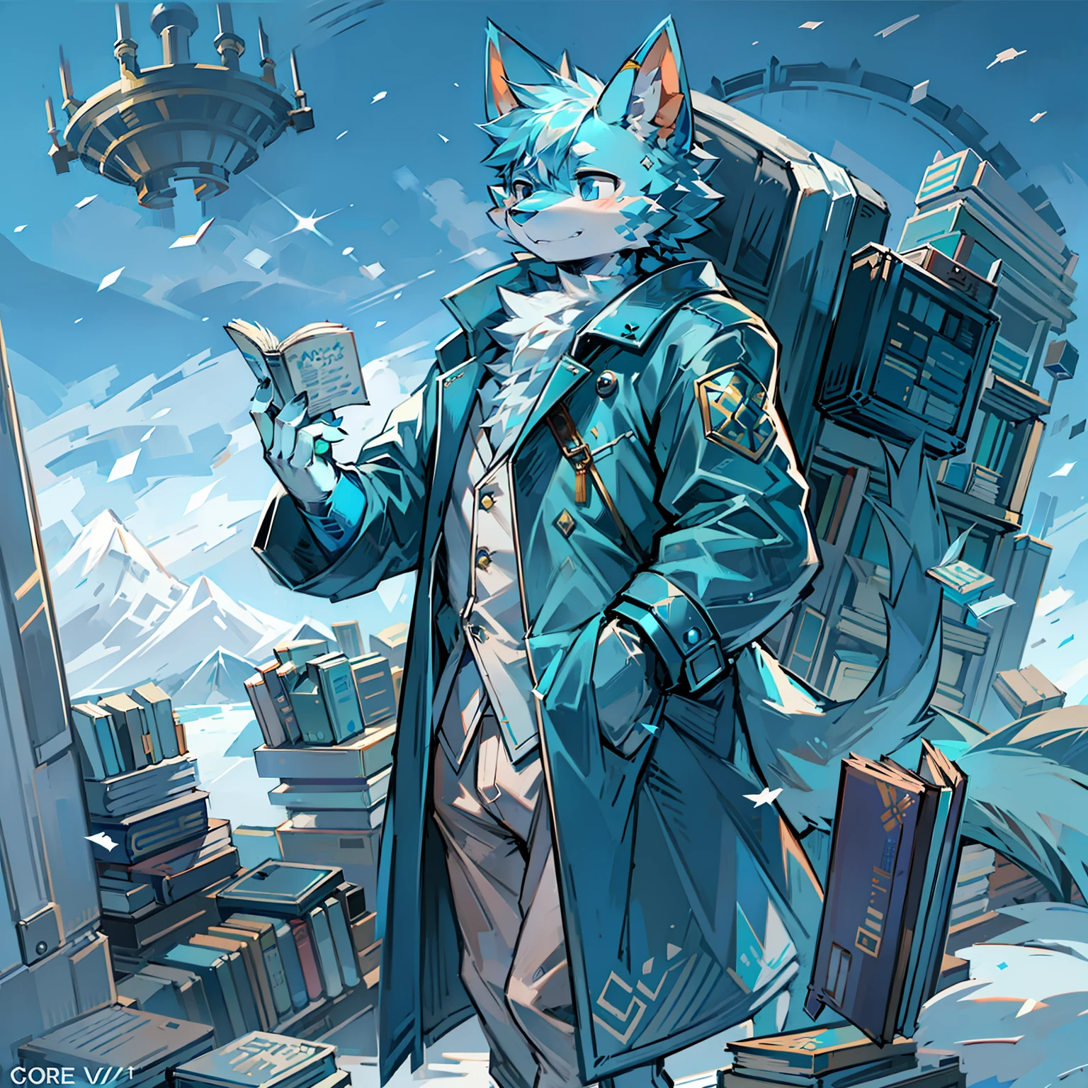 Male blue cat，Book in hand，Pages in the sky，Blue trench coat，long trousers，Mechanical left arm，Blizzard，code，Electronic right eye