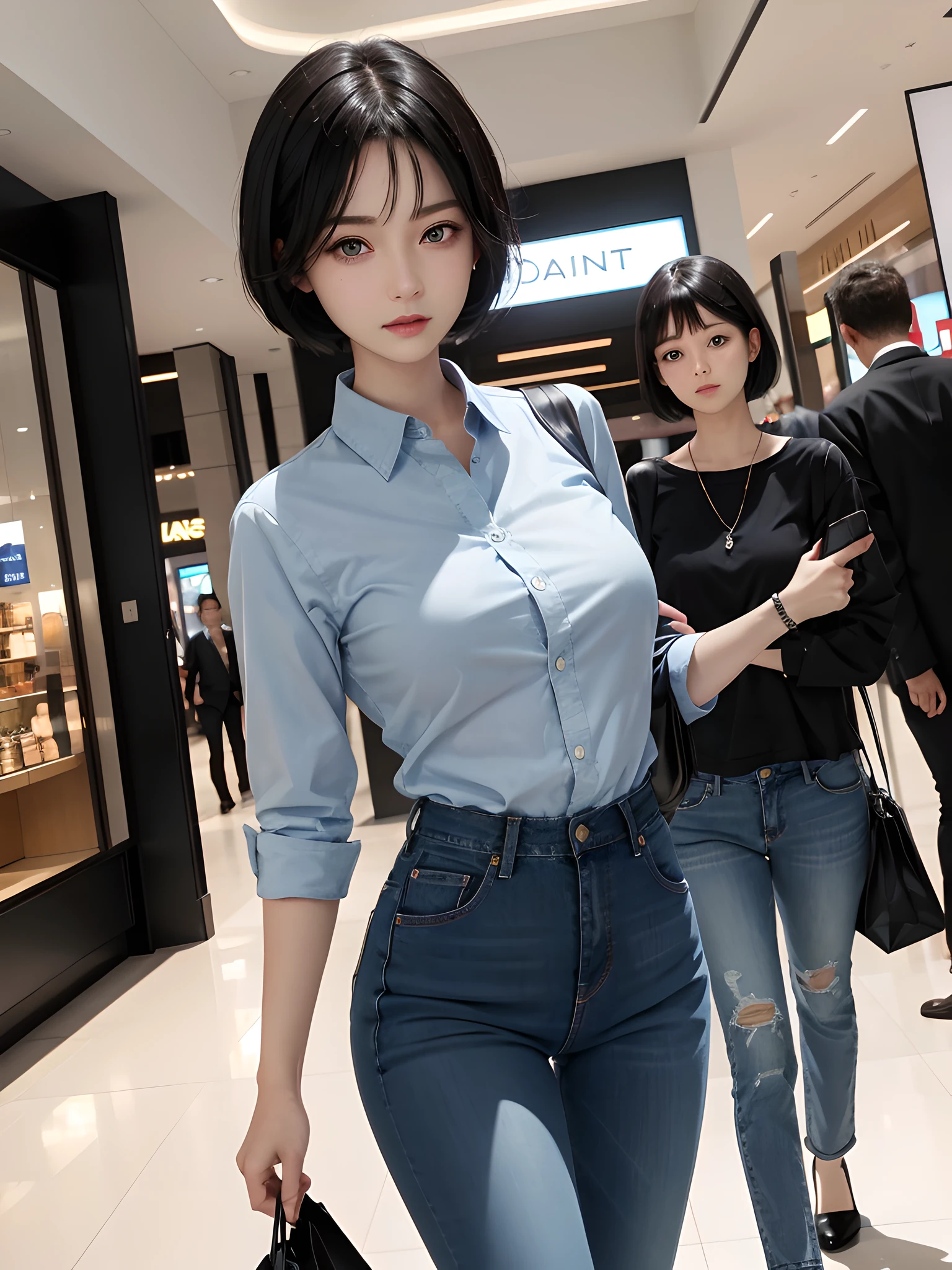 1 girl 30 yo, short black hair, blue eyes, wearing formal shirt, jeans, shoping mall, absurdres, high res, ultrasharp, 8K, masterpiece, looking at viewer