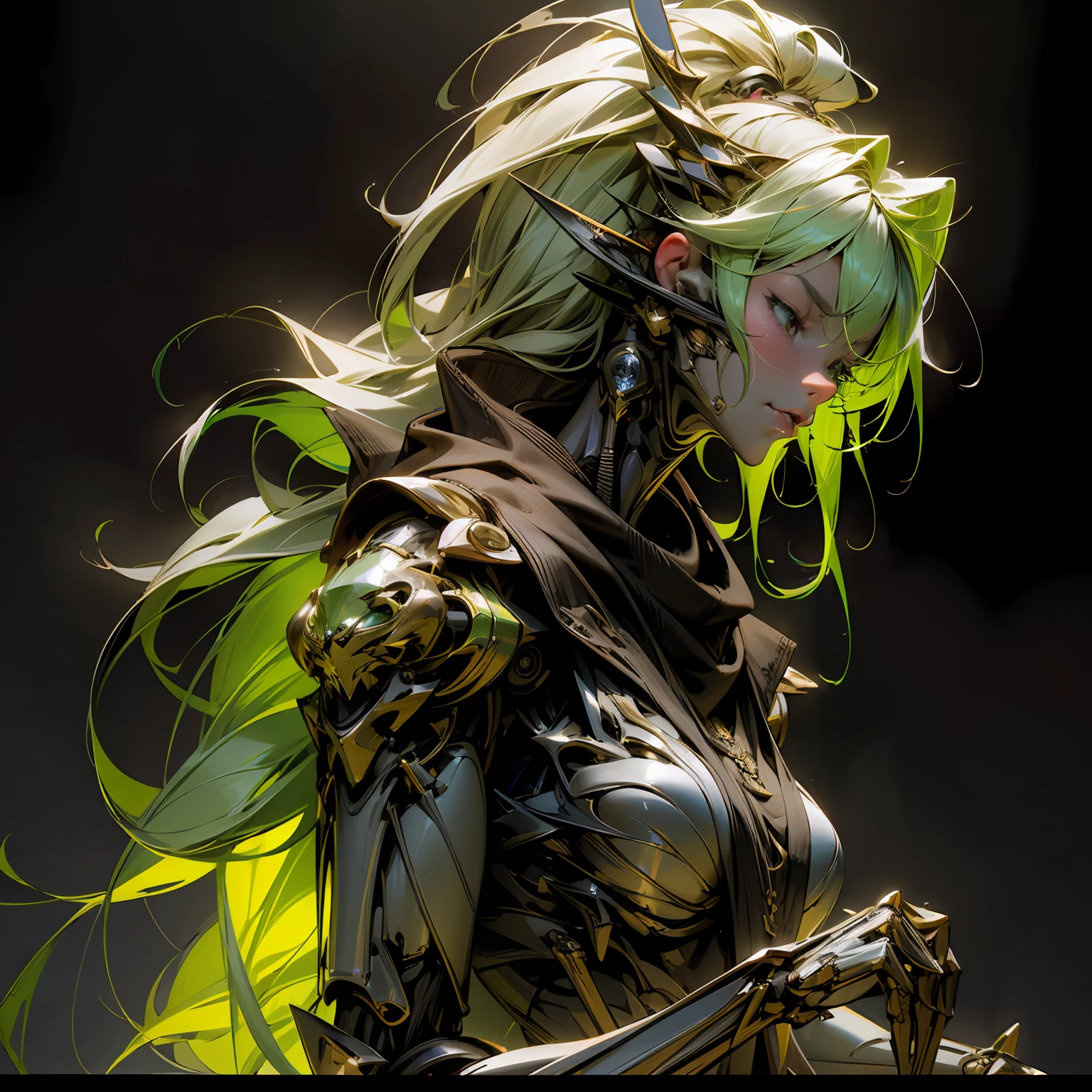 REAL SKIN WRX62, REFLECTIVE SKIN MH66, VSGX62, REAL LIFE 5D PRO, NVDIA, AMD GRAPHICS, EPIC PORTRAIT, MOVIE STYLE DYNAMIC LIGHTING PRO, PERFECT DETAILED FACE, (neon green skeleton cyborg girl, holding a long greem flaming kitana, long flying hair) highly detailed, micro detail, intricate, 8K, hyper detailed, realistic render, unreal engine, hyperrealistic, lifelike, very coherent, fantasy, cinematic lighting, at night, epic composition, masterpiece, cinematic,