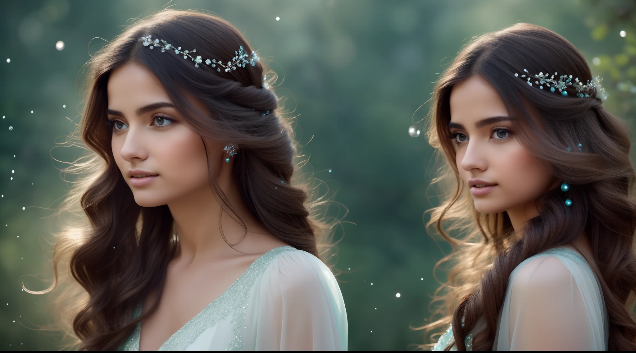 highly detailed face, ultra detailed features, A serene and ethereal landscape of tranquility, bathed in soft hues and gentle lighting. A delicate balance of nature's elements, 1 girl, solo, adorned with hair that seamlessly blends shades of dark brown, highlights,. The scene is filled with an abundance of shimmering water droplets, wisps of clouds, and a touch of watercolor-like textures. Imagine a wide shot that showcases the beauty of a forest with vibrant splashes of blue, swirling petals, dancing leaves, and idyllic grasslands. Let volumetric light play its magic, adding an enchanting ambiance to this artwork. (Best quality, 8k, 32k, Masterpiece, UHD:1.2), anatomically perfect, HD image,(Turkish beauty) 8k, brown highlights hairs, solo, Arabian princess, royal lady wearing white and aqua beautiful dress, solo, 1 girl