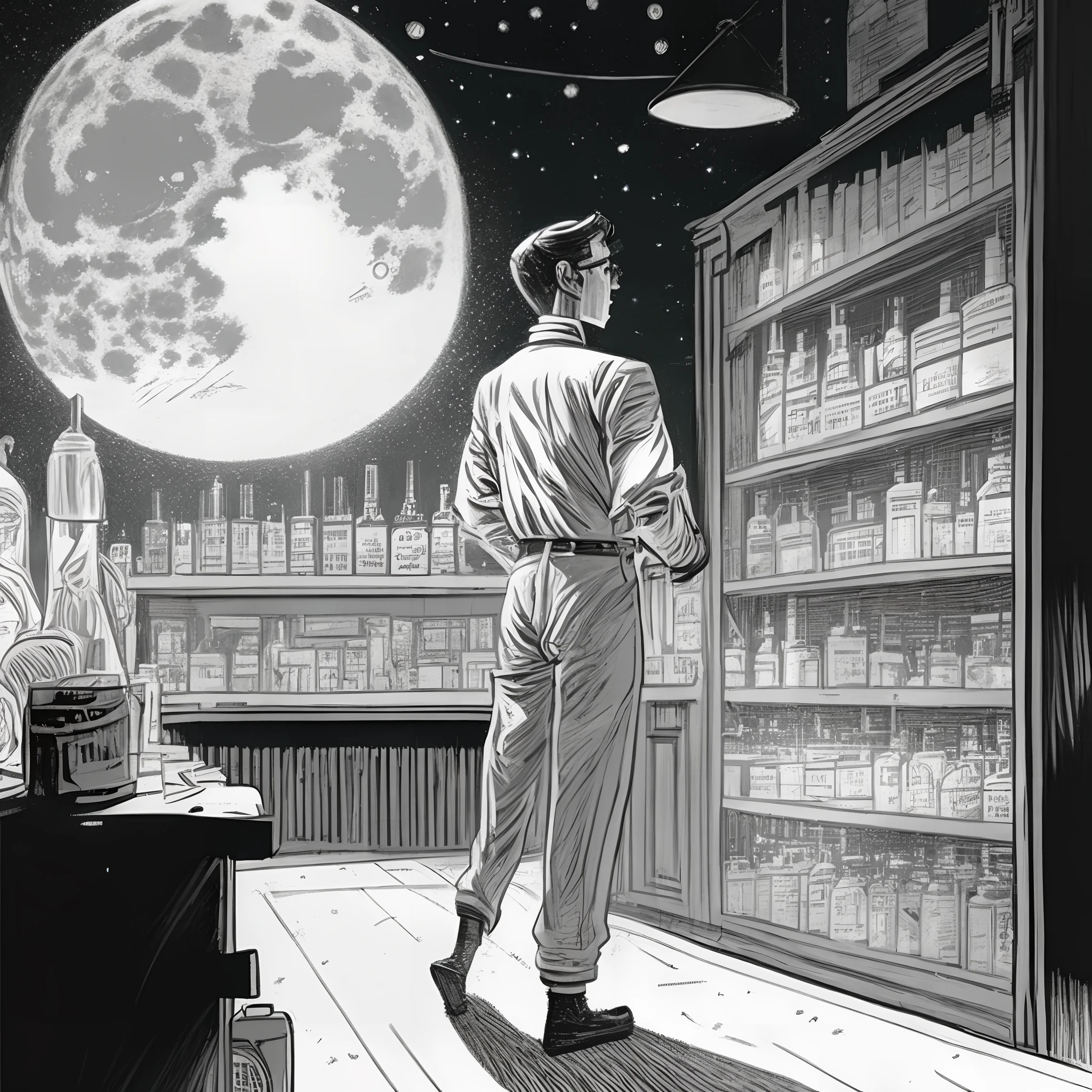 Illustration of a man standing in a shop looking at the moon, Douglas Soares, Dave Sim, inspirado em F. Scott Hess, Daniel Clowes, Directed by: Eric Dinyer, PJ bandido, inspirado em Ed Emshwiller, commercial illustration, inspirado em F Scott Hess, Directed by: Roy Dalgarno, Directed by: Glen Angus, inspirado em Brian Bolland, illustration scifi pulp