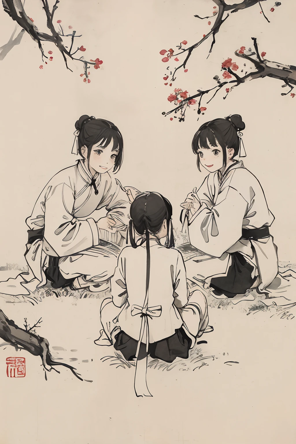 (masterpiece, best quality: 1.2), traditional Chinese ink painting, two children