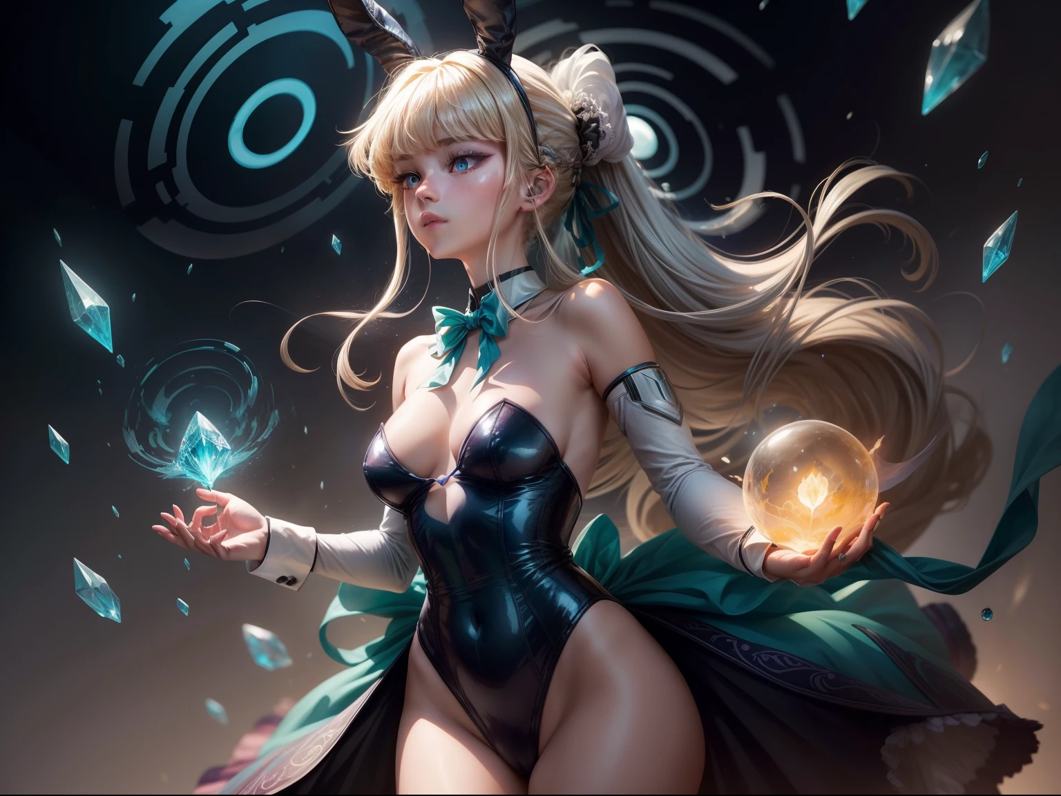 (masterpiece: 1.4), (best quality: 1.2), (ultra realistic), A captivating anime girl gracefully emerges from the pages of a watercolor painting, 1girl, halo, black hair, long hair, yellow eyes, dark-skinned, official alternate costume, rabbit ears, playboy bunny, black leotard, fishnet pantyhose, detached collar, blue bowtie, white gloves, wrist cuffs, ponytail, beautiful background, plushies. her vibrant and intricate colors breathing life into the artwork. She dons an extraordinary fantasy costume adorned with delicate details, reflecting the enchanting world she inhabits. Luminescent elements, like glowing crystals and ethereal wisps, surround her, casting a soft, otherworldly glow. The watercolor style imbues the image with a sense of fluidity and delicacy, as if the colors are effortlessly blending and bleeding into one another. Lighting: luminescent glow, watercolor brushstrokes, full body portrait