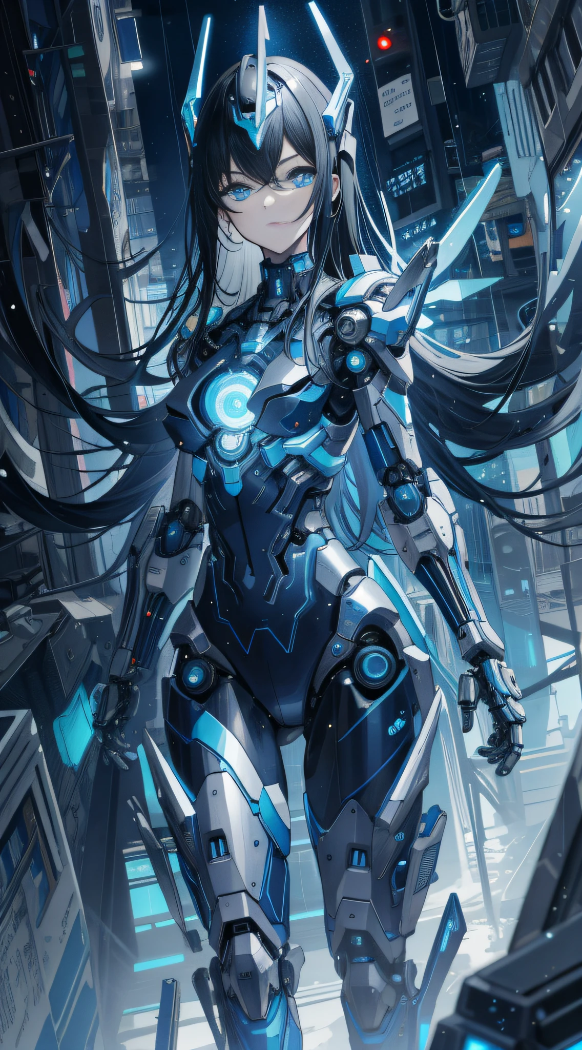 masterpiece,best quality,ultra-detailed,very detailed illustrations,extremely detailed,intricate details,highres,super complex details,extremely detailed 8k cg wallpaper, caustics,reflection,ray tracing, 1girl:1.4), solo, alone, (blue_theme:1.3), (grey_theme:1.3), (mecha musume, mechanical parts ,robot joints, mechanical arm, mechanical legs, headgear, intricate mechanical bodysuit, mechanical energy wings), (robes), very long hair, black hair, blue eyes, glowing eye, eye trail, random expressions, random action, tokyo, city, alley, dark alley, night time, raining, neon lights, detailed background, ((masterpiece)), absurdres, HDR,  (Classic headshot pose), extremely detailed 8K wallpaper,cyberpunk city,masterpiece,highres,detailed manga illustration,
