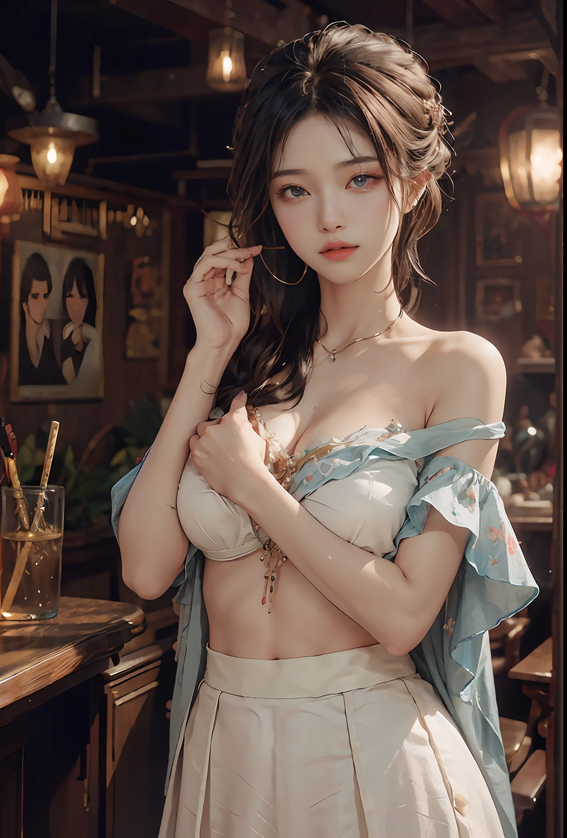 (hoang lap,A high resolution,ultra - detailed),1girll,Shy,is shy,Gentle and sweet girl,Complicated details,enlarged textures,Complicated details,Fine eyes and detailed face,Complicated details,whaite hair,Fluttering hair,Clothes cover your hands,Hands covered,huge boob,perfect boobs,areola of breast,(Keep one's mouth shut),(perfect eyes,Equal eyes),Transparent clothes,cropped shoulders,nabel,Superskirt,Ultra photo realsisim,photograph of-realistic,