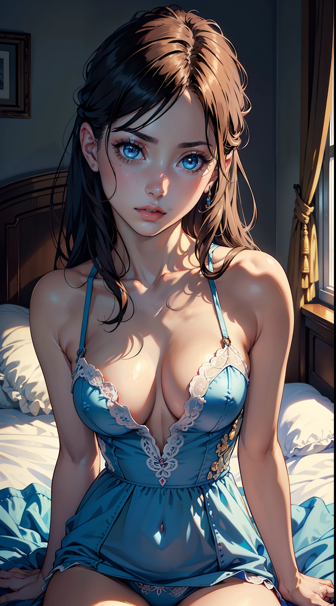 high quality fingers, normal hands, detailed fingers,masterpiece, (realistic, photo-realistic:1.37), (22 years old woman), medium breast, small waist, blue eyes, beautiful face, perfect illumination, beautiful detailed eyes, stunningly beautiful woman, detailed hairstyle, detailed background, bedroom, bed, sexy bedwear, erect nipples