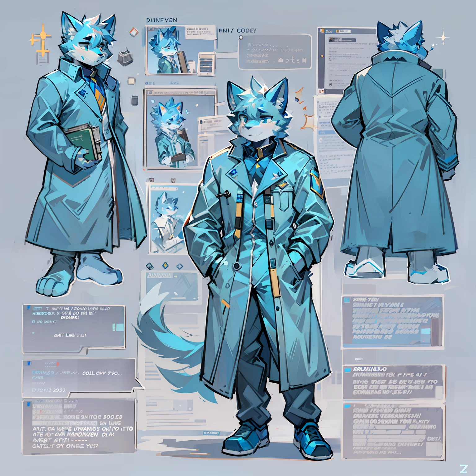 Male blue cat,Book in hand,Pages in the sky,Blue trench coat,long trousers,Mechanical left arm,Blizzard,code,quantum